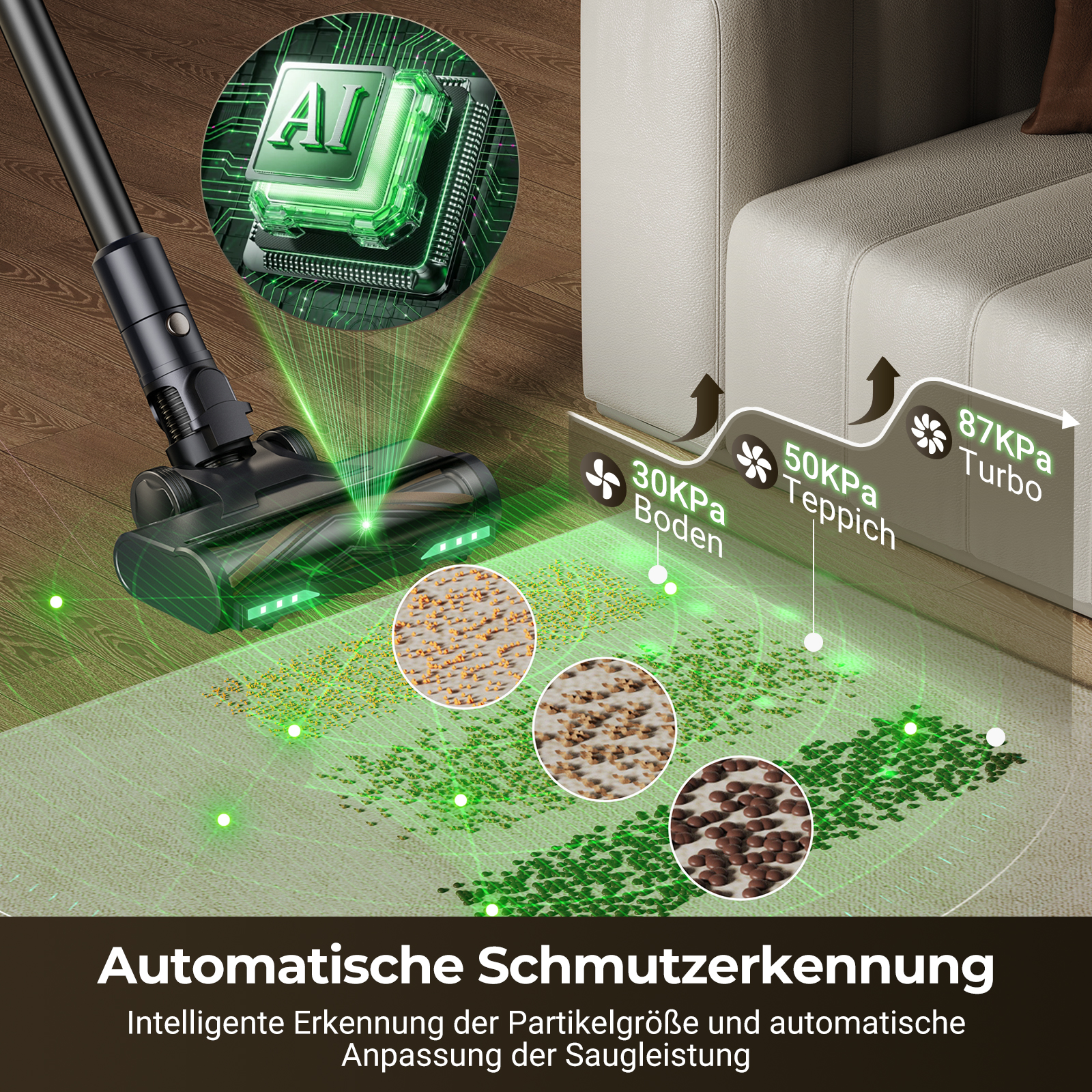 Staubsauger mit KI-Erkennung passt Saugkraft an Bodenart und Schmutz an.