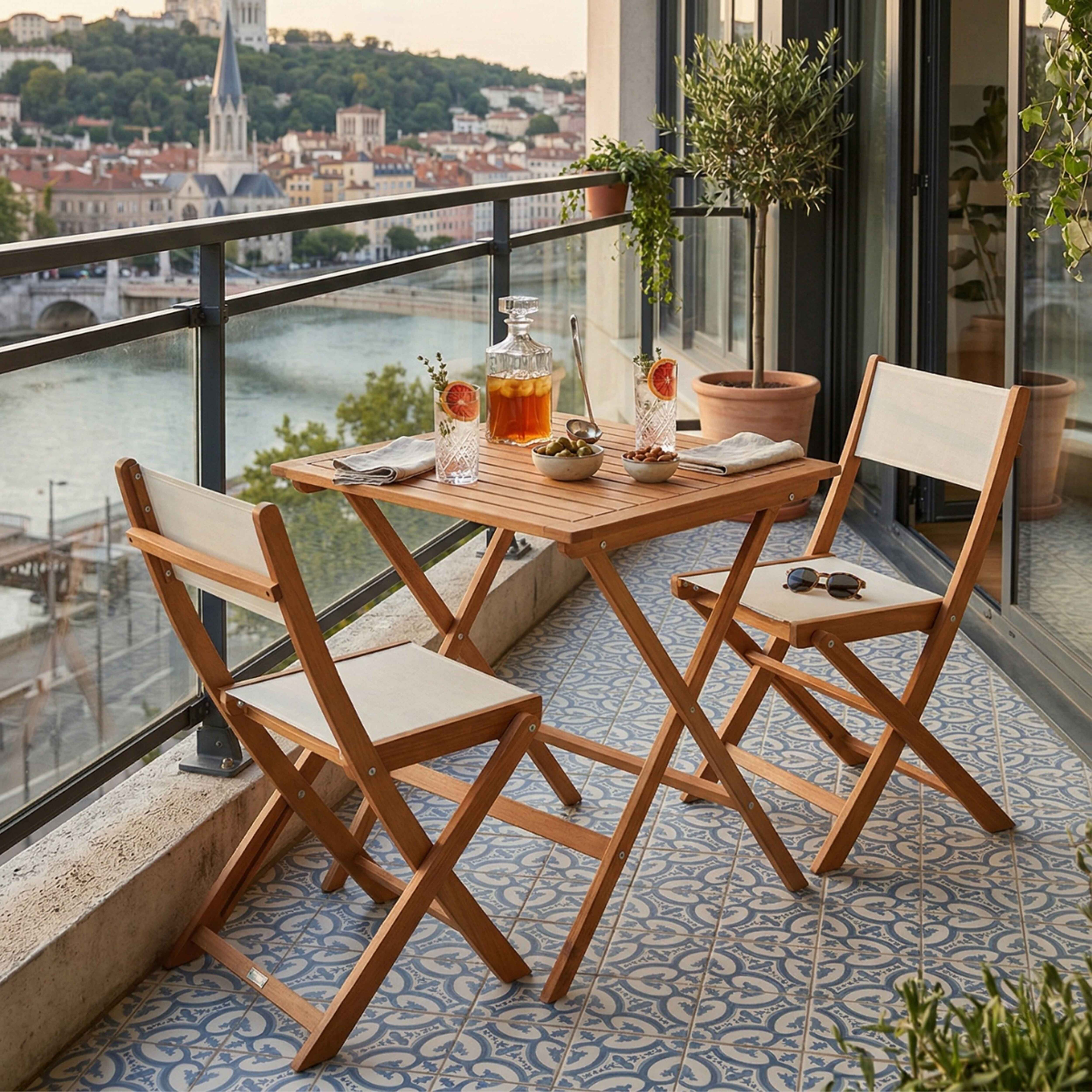 Holztisch mit zwei Stühlen auf einem Balkon mit Stadtblick bei Sonnenuntergang.