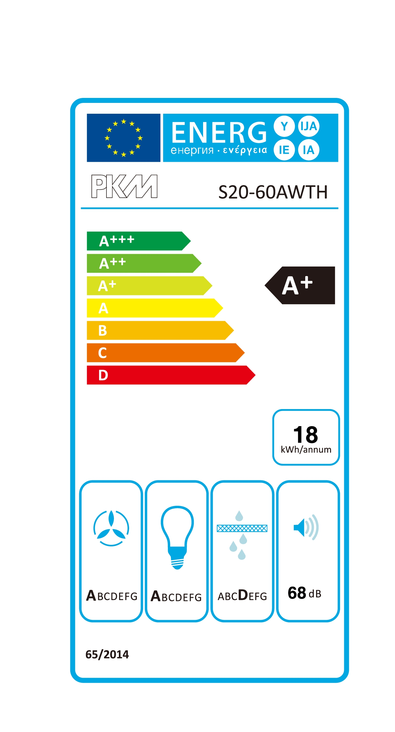Etichetta energetica PKM S20-60AWTH, efficienza A+, 18 kWh/anno.