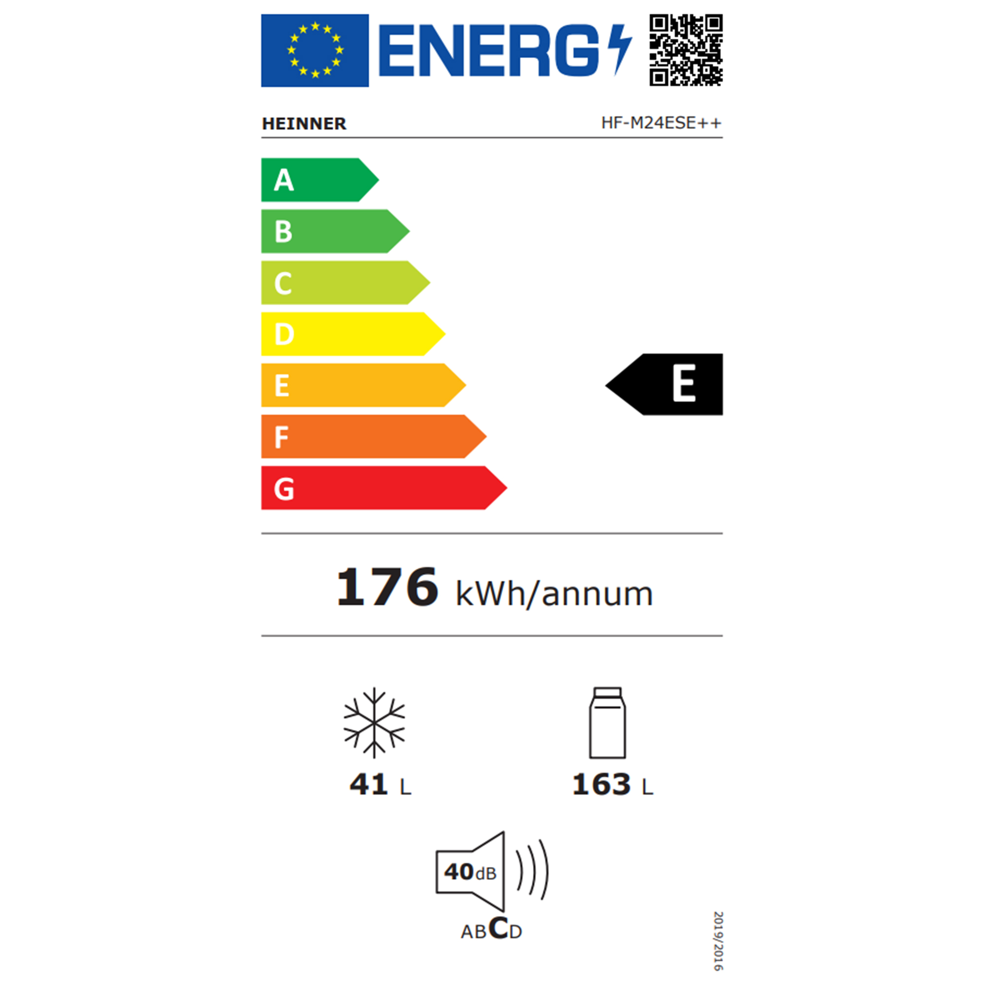 Energie-etiket klasse E, 176 kWh/jaar, 41L vriesvak, 163L koelvak, 40dB geluid.