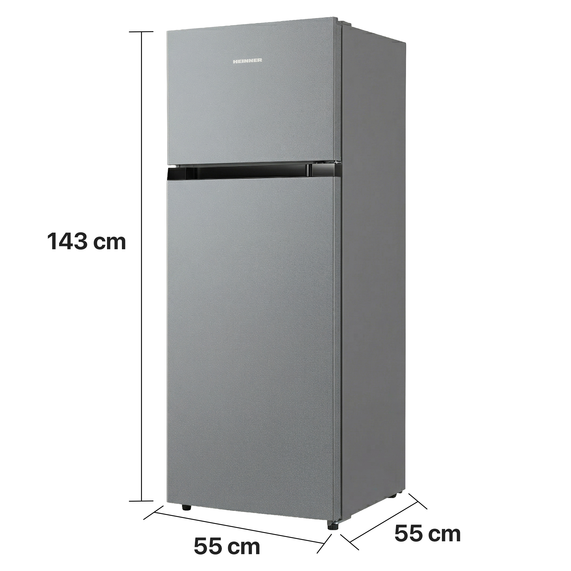 Grijze koelkast met vriezer boven, 143cm hoog, 55cm breed, 55cm diep.