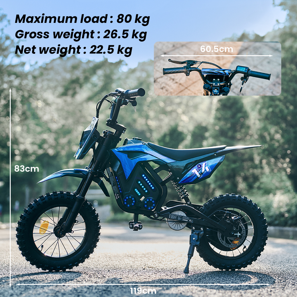 Ein blaues Elektro-Dirtbike mit Maßen: 83cm hoch, 119cm lang, 60.5cm Lenkerbreite.
