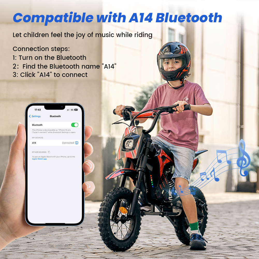 Un ragazzo guida una moto rossa mentre viene mostrato un telefono con impostazioni Bluetooth.