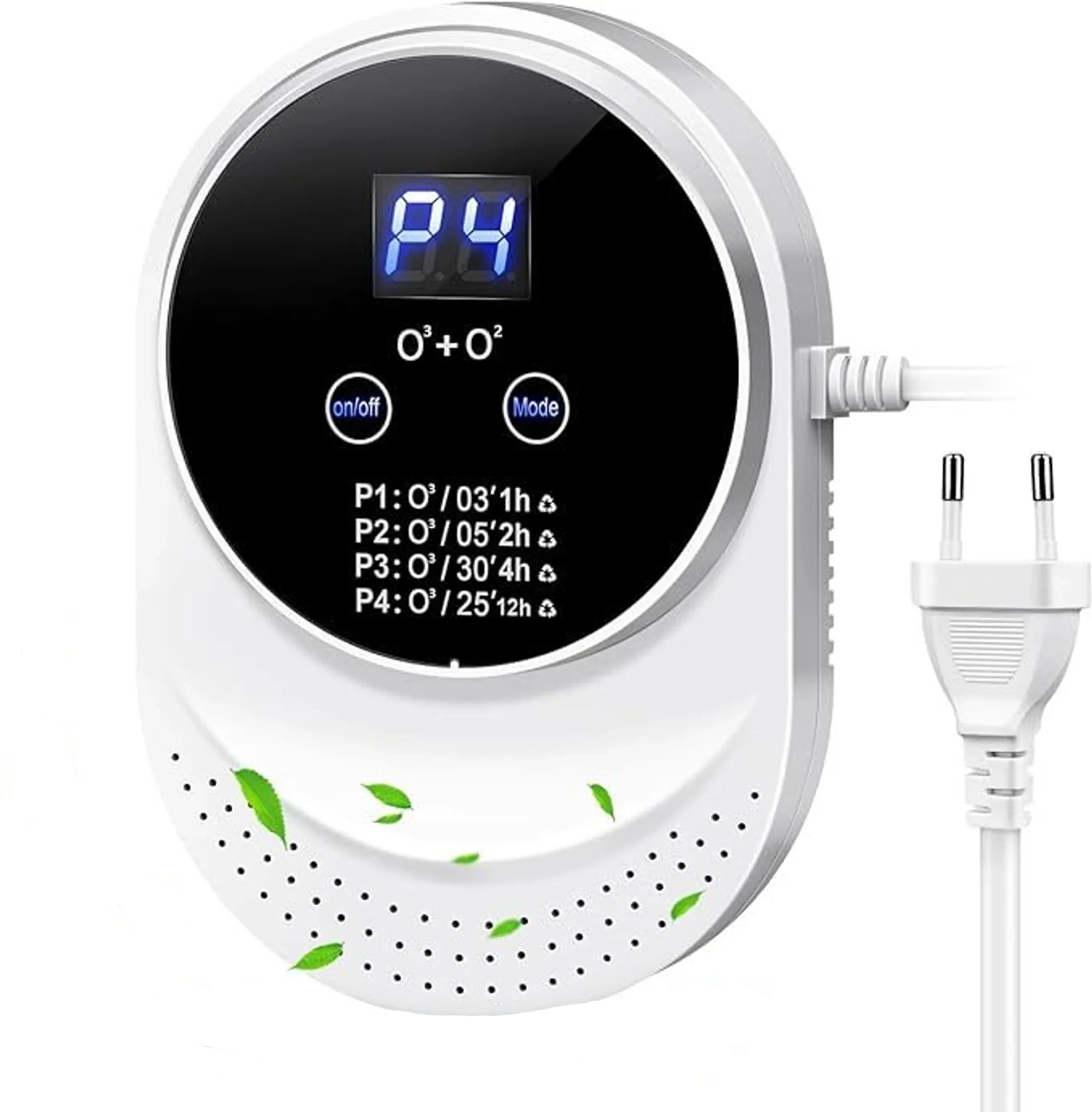 Ein weißes Ozongerät mit digitalem Display, das P4 anzeigt, und einem Stecker.