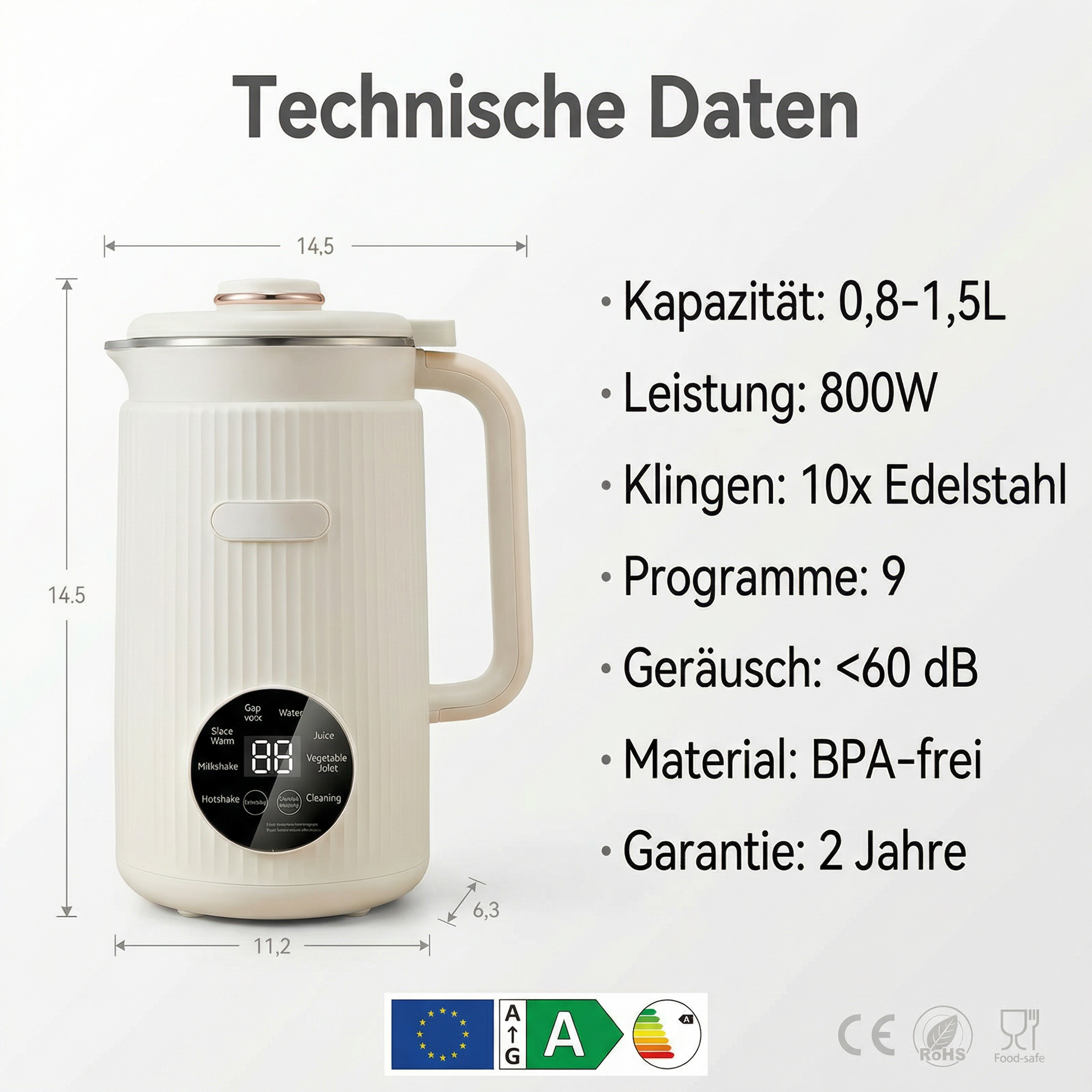 Technische Daten: Ein weißer Mixer mit digitalen Bedienelementen und Maßen.
