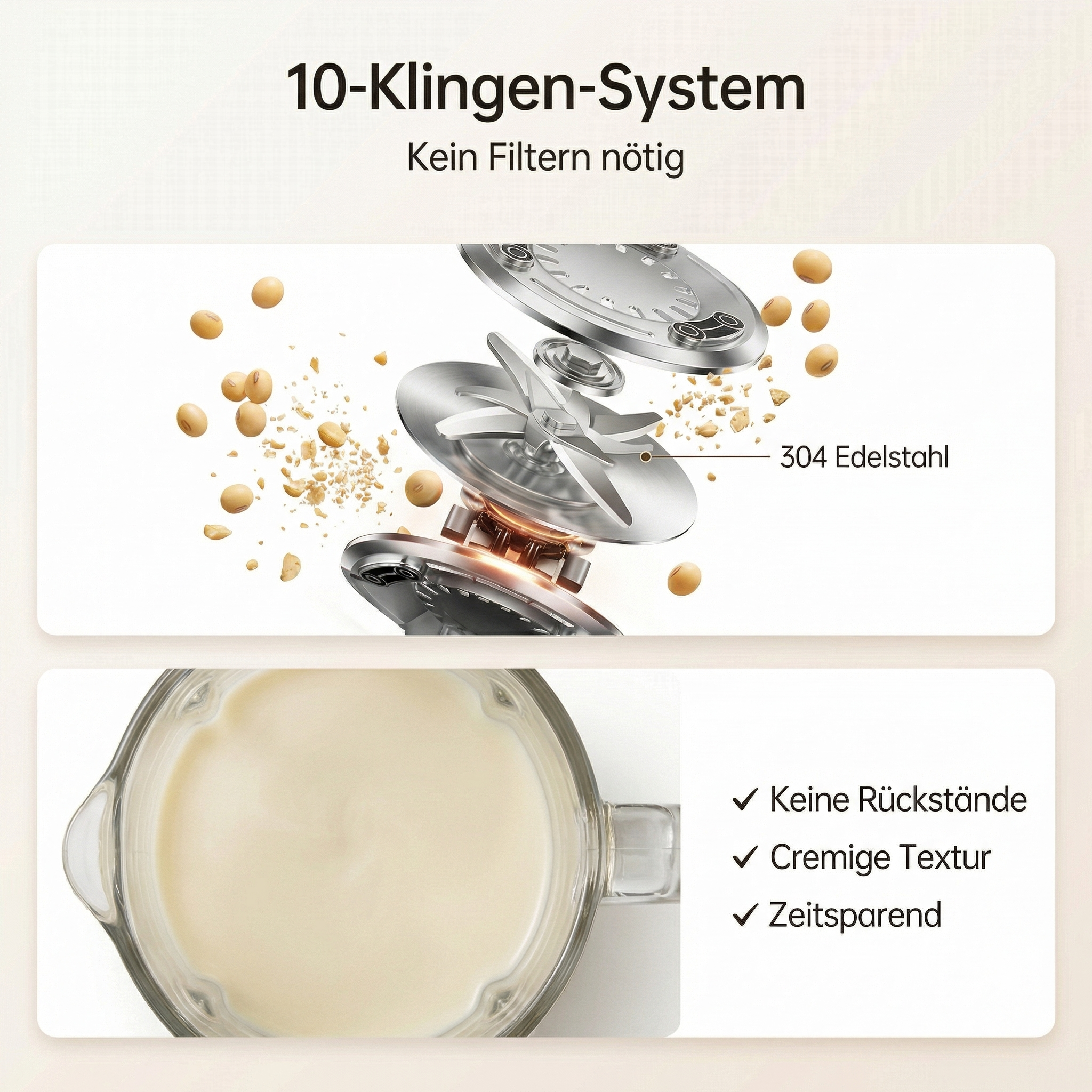 10-Klingen-System aus 304 Edelstahl, keine Rückstände, cremige Textur.