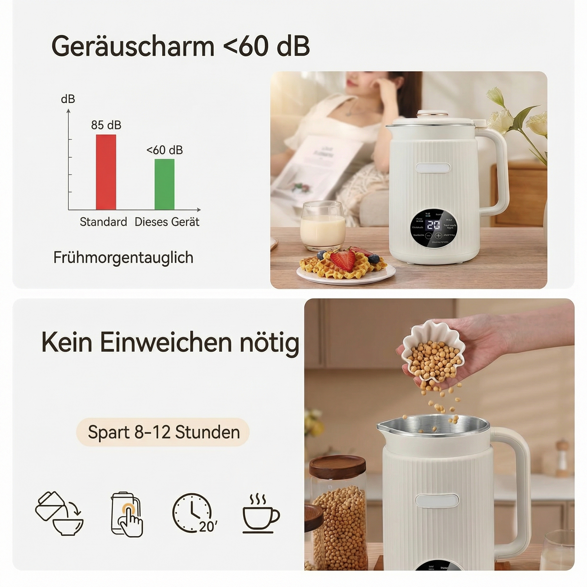 Geräuscharm <lt/>60 dB, kein Einweichen nötig, Spart 8-12 Stunden.