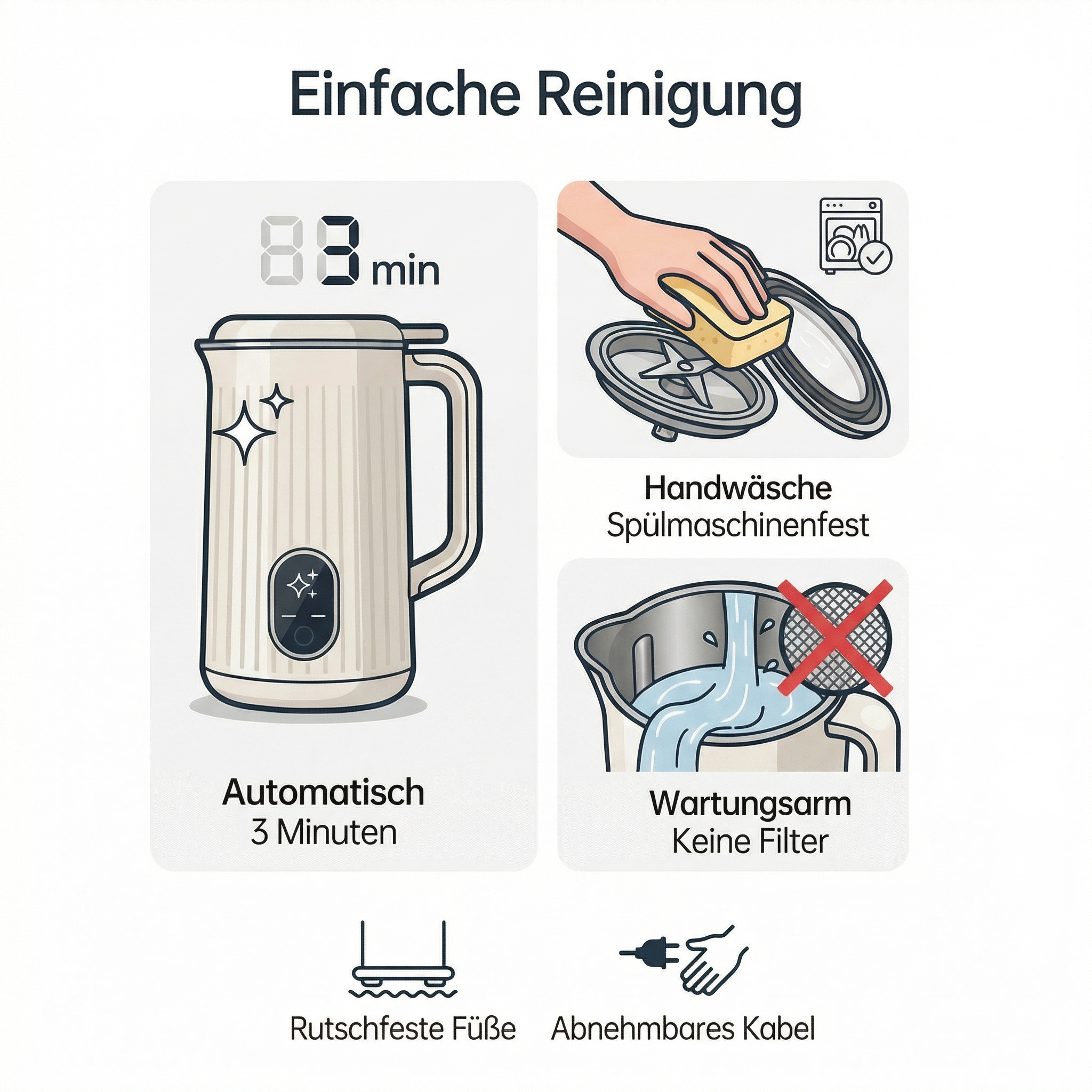 Grafiken zeigen einfache Reinigung: 3-Minuten-Automatik, Handwäsche, spülmaschinenfest, wartungsarm, keine Filter.