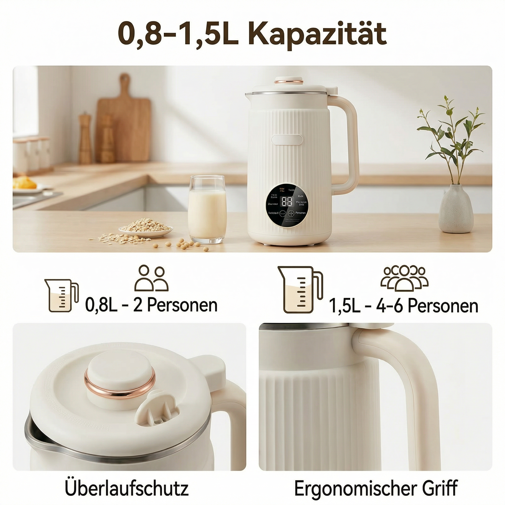 Beiger Wasserkocher mit Glas und Sojabohnen, 0,8-1,5L Kapazität.