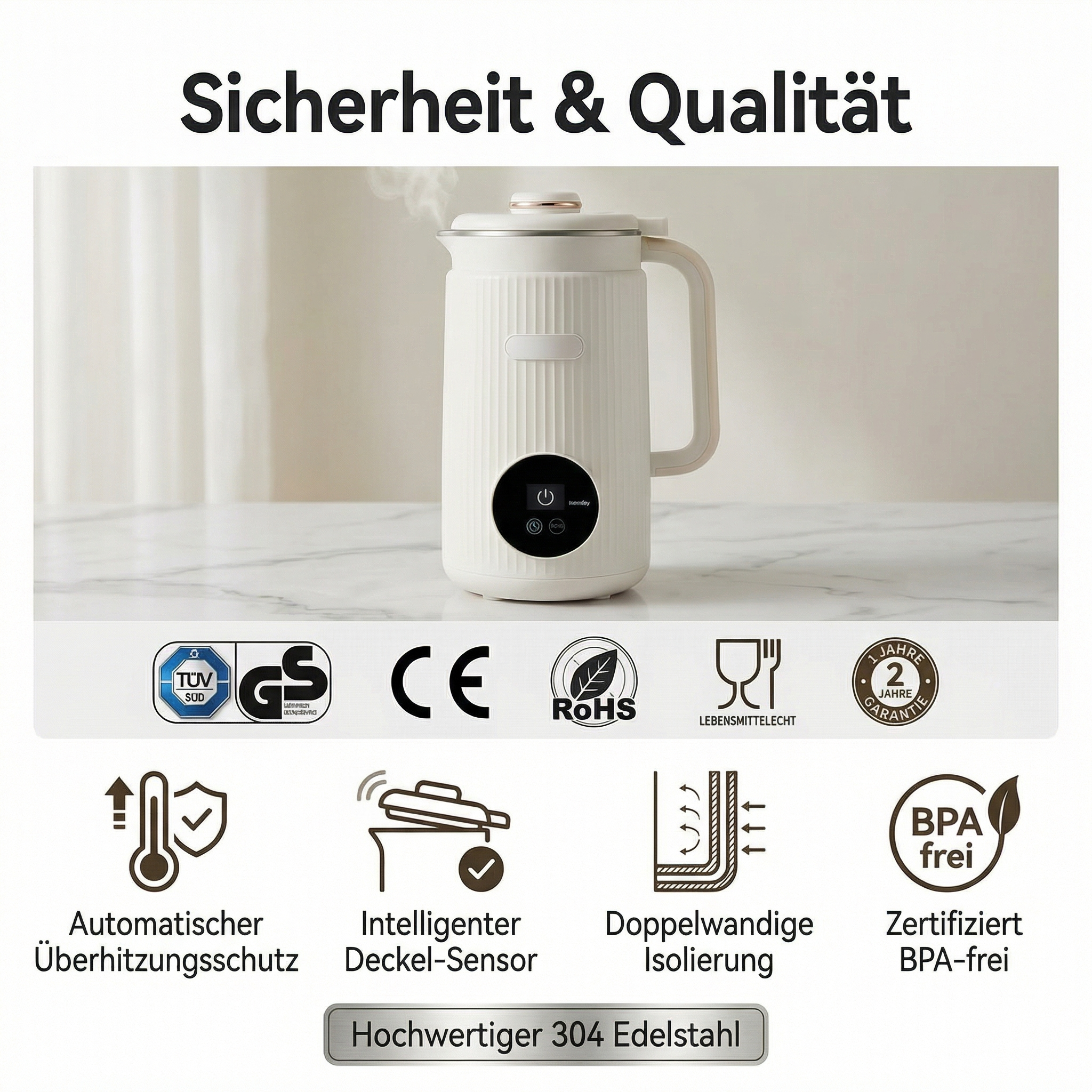 Weiße Teekanne mit Heizelementen und Zertifizierungen.
