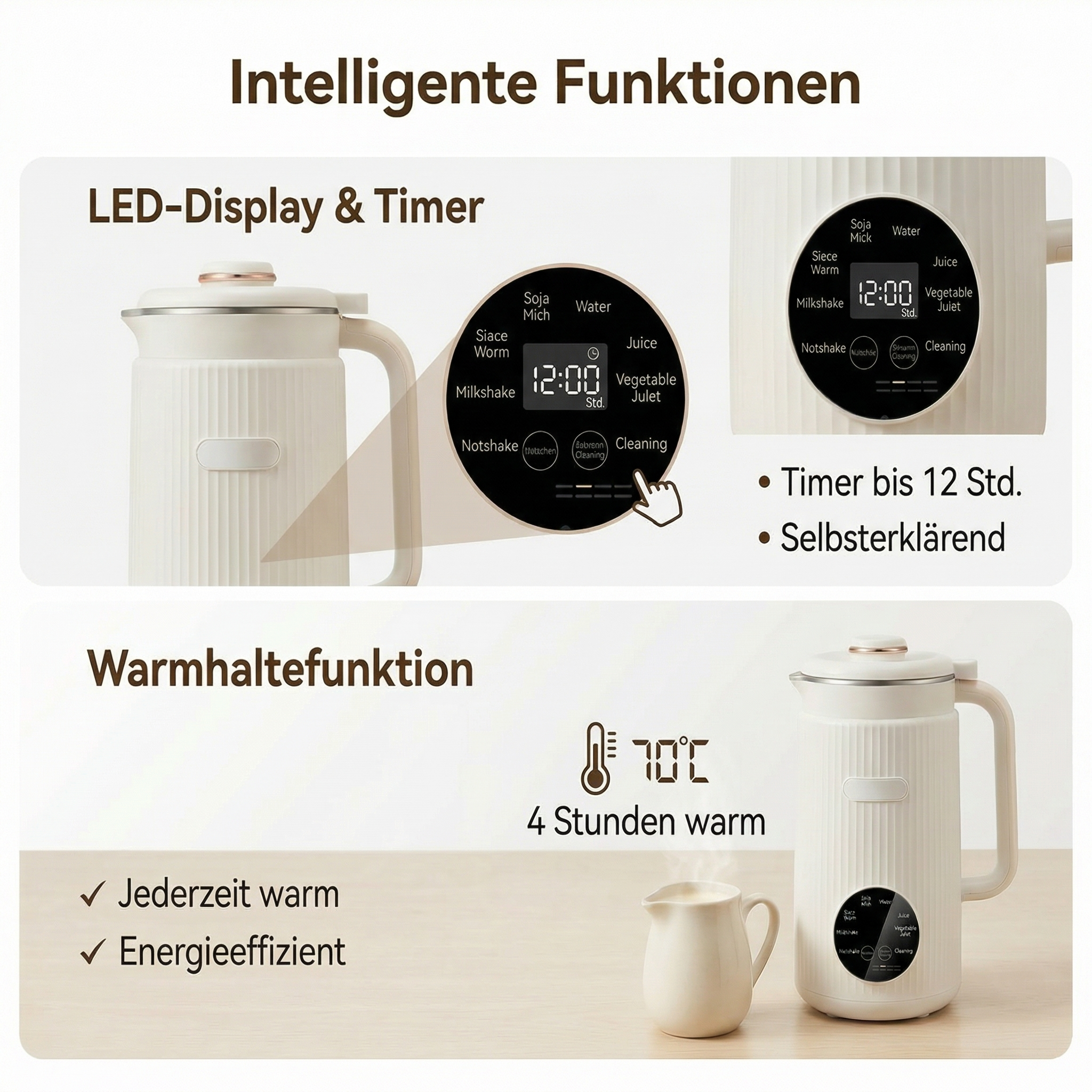 Ein cremefarbener Wasserkocher mit LED-Display zeigt intelligente Funktionen und Warmhaltefunktion.