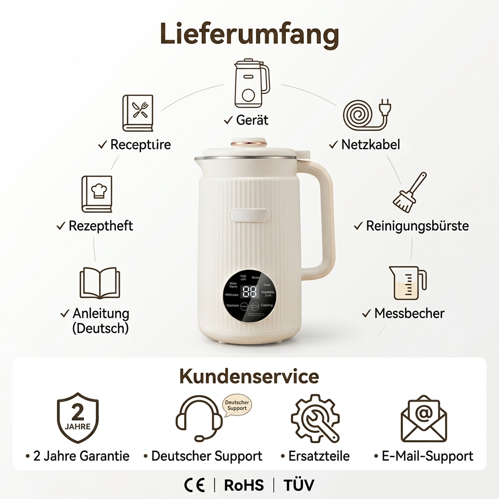 Creme-Mixer mit Zubehör: Anleitung, Rezeptbuch, Netzkabel, Bürste, Messbecher.