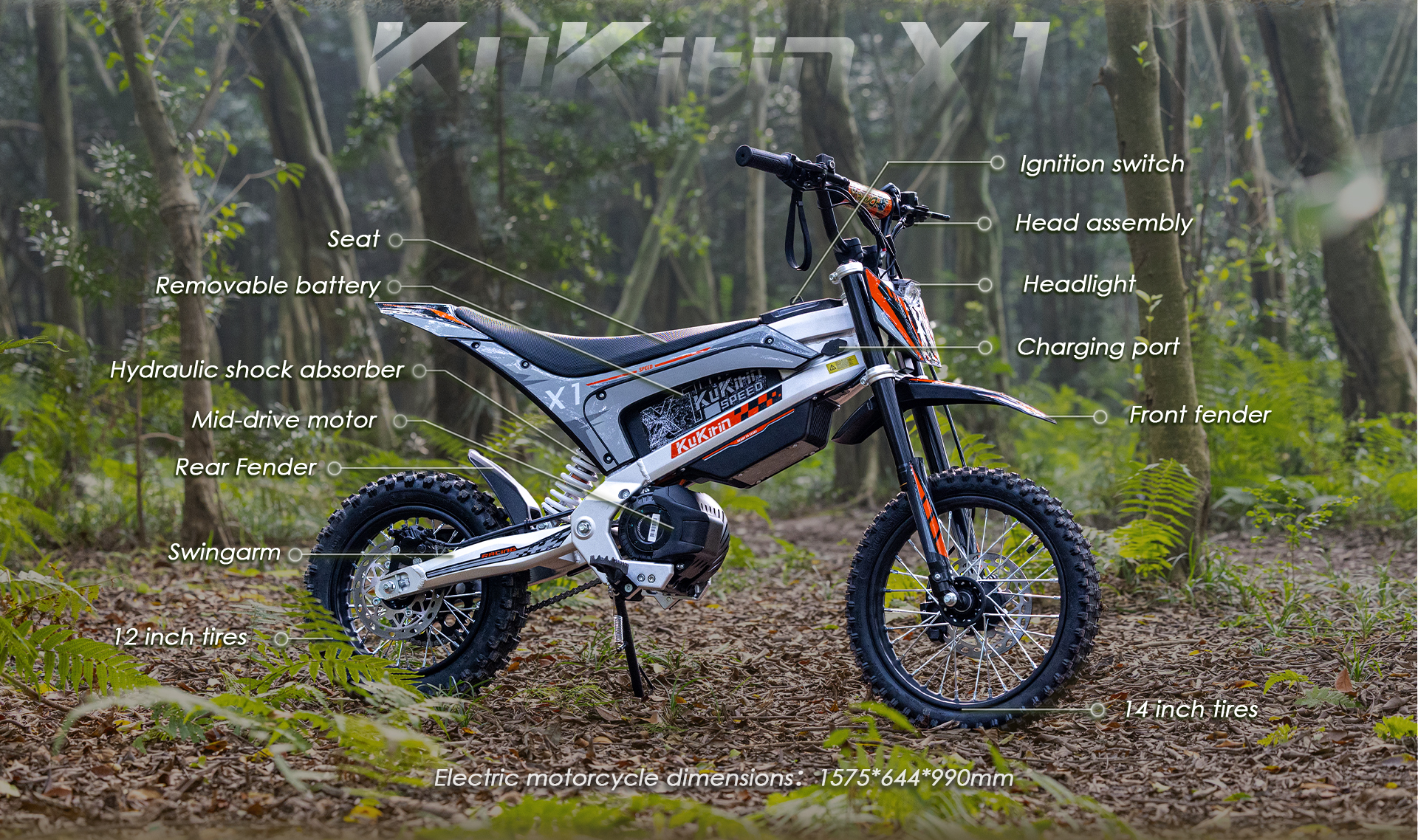 Una moto elettrica Kukirin X1 con parti etichettate, parcheggiata all'aperto.