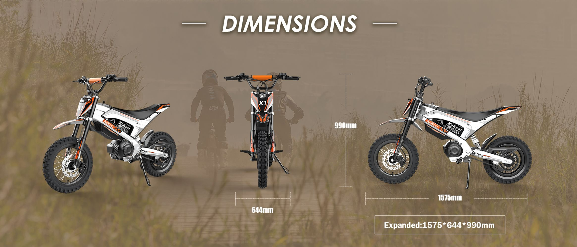 Tre moto da cross elettriche bianche e arancioni con dimensioni.