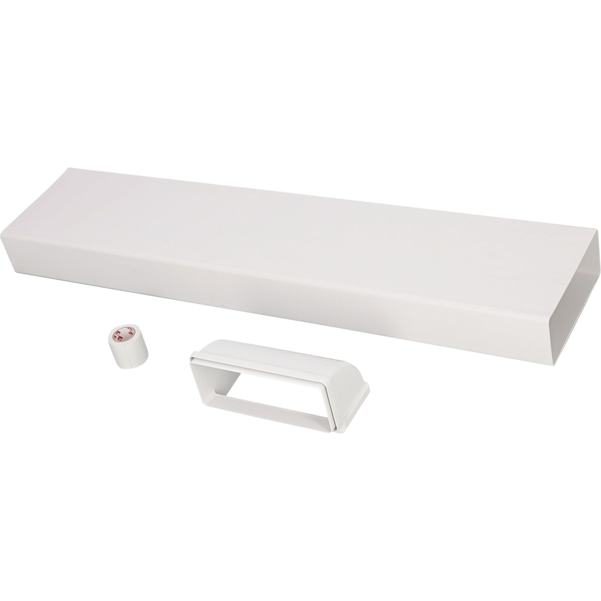 Un conducto blanco, un soporte y un rollo de cinta sobre fondo negro.