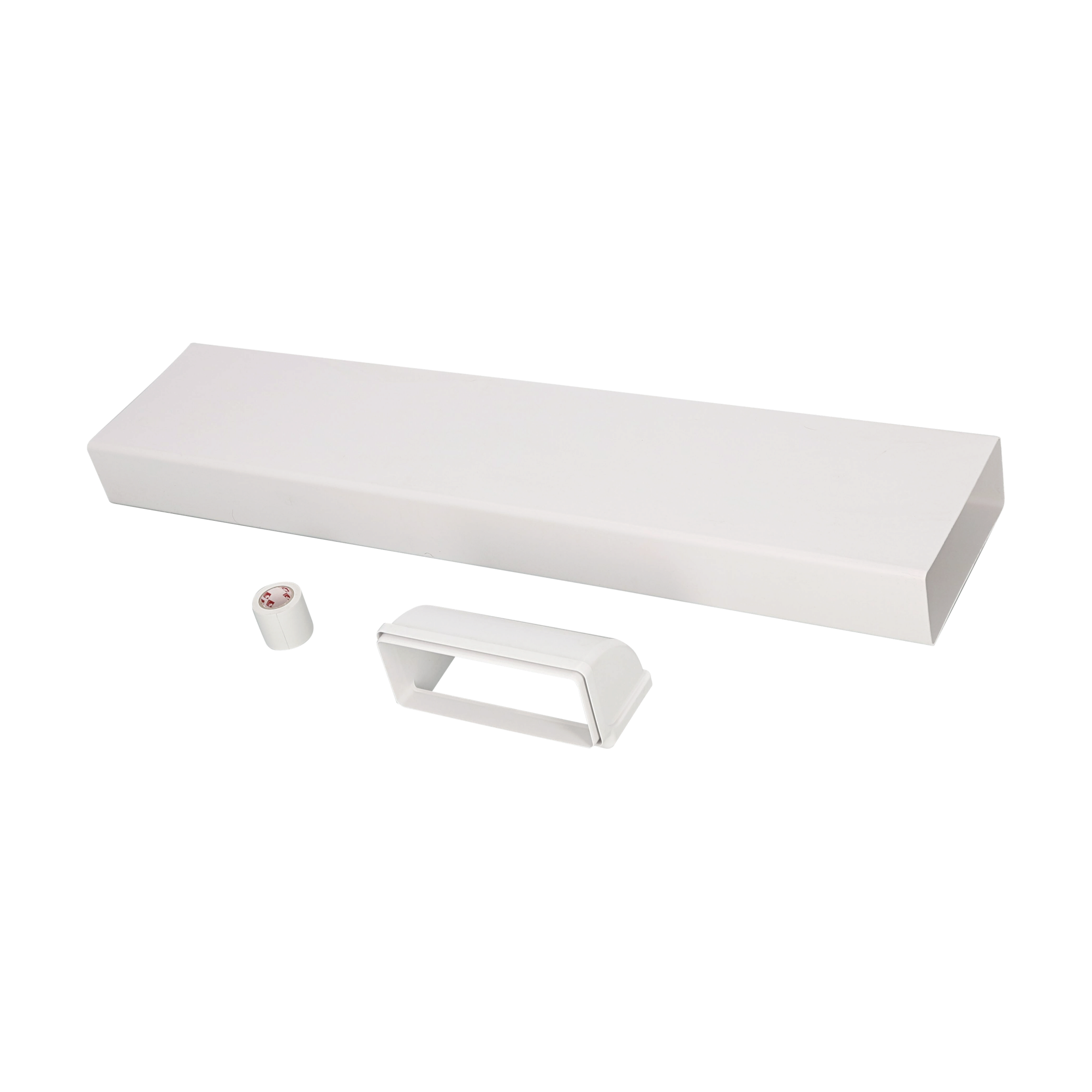 Un conducto rectangular blanco, un tapón final y un rollo de cinta sobre fondo negro.