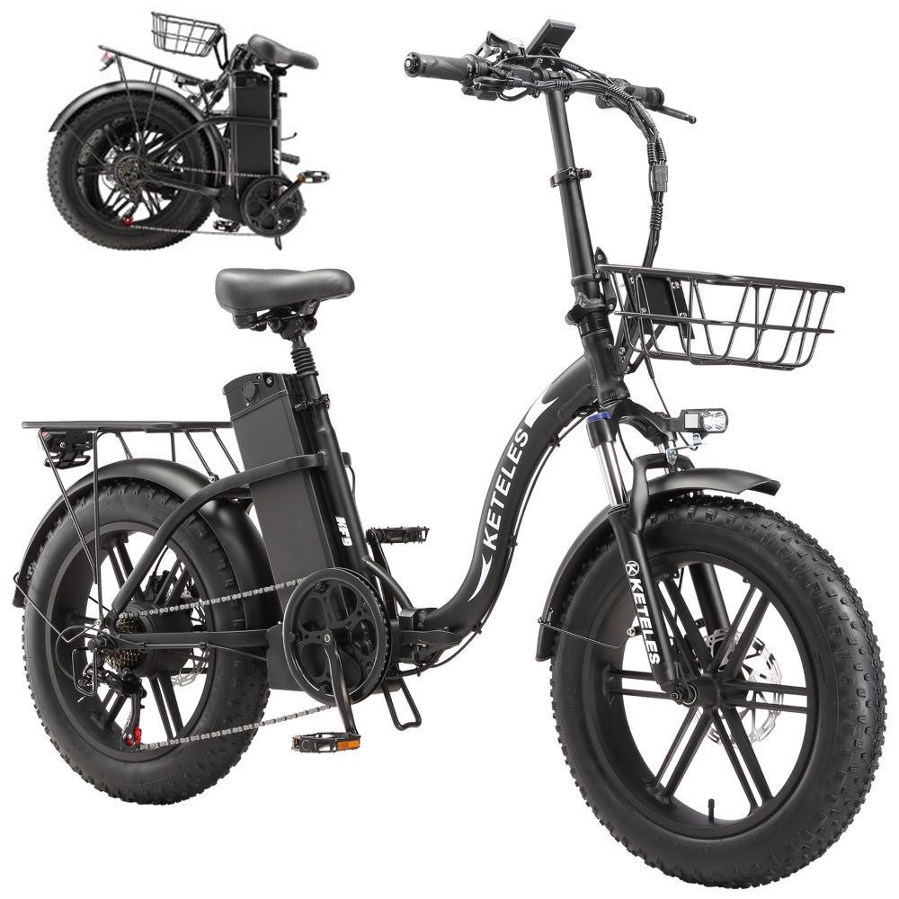 Bicicleta eléctrica negra de llanta ancha con cesta delantera, portaequipajes trasero y batería.
