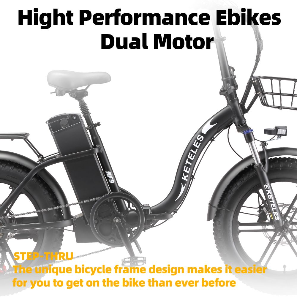 Bicicleta eléctrica Keteles negra de paso fácil, doble motor, llantas anchas y cesta.