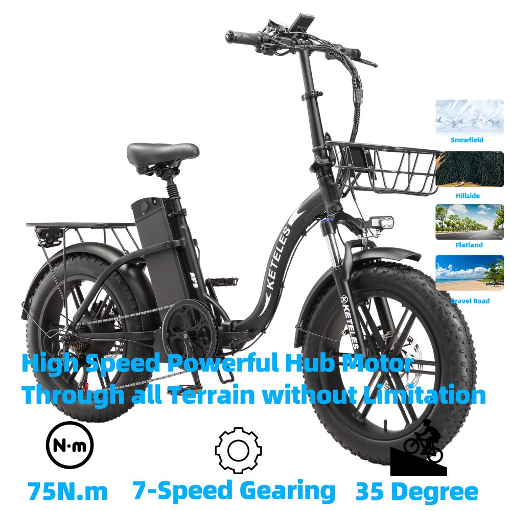 Bicicleta eléctrica Keteles negra de llantas anchas con cesta, batería y texto.