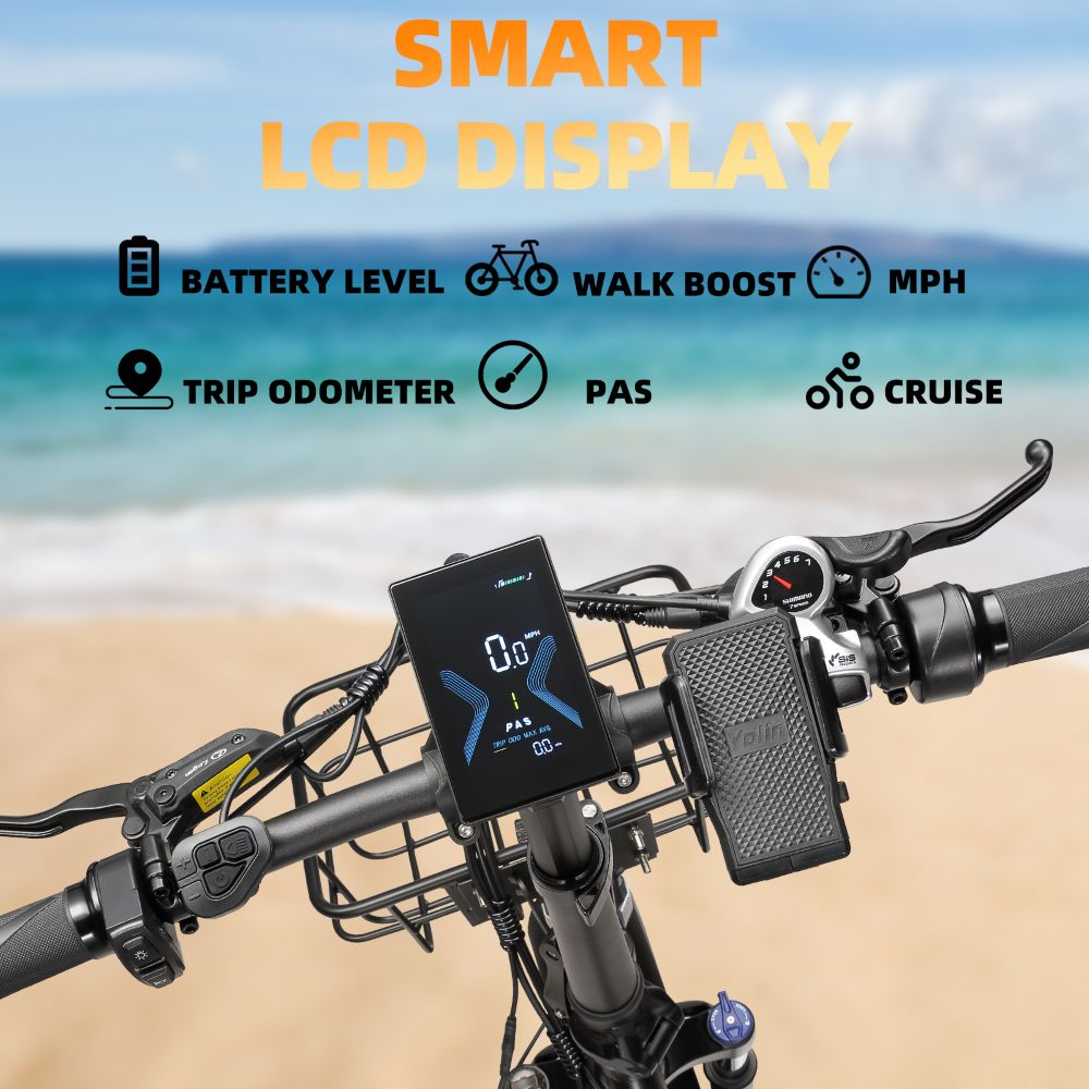 Manillar de e-bike con pantalla LCD que muestra nivel de batería, velocidad y más.