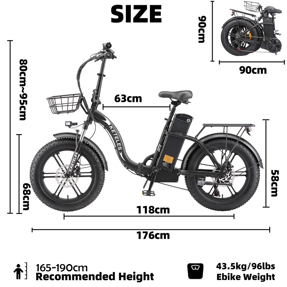 Una bicicleta eléctrica negra con suspensión delantera y trasera y medidas.