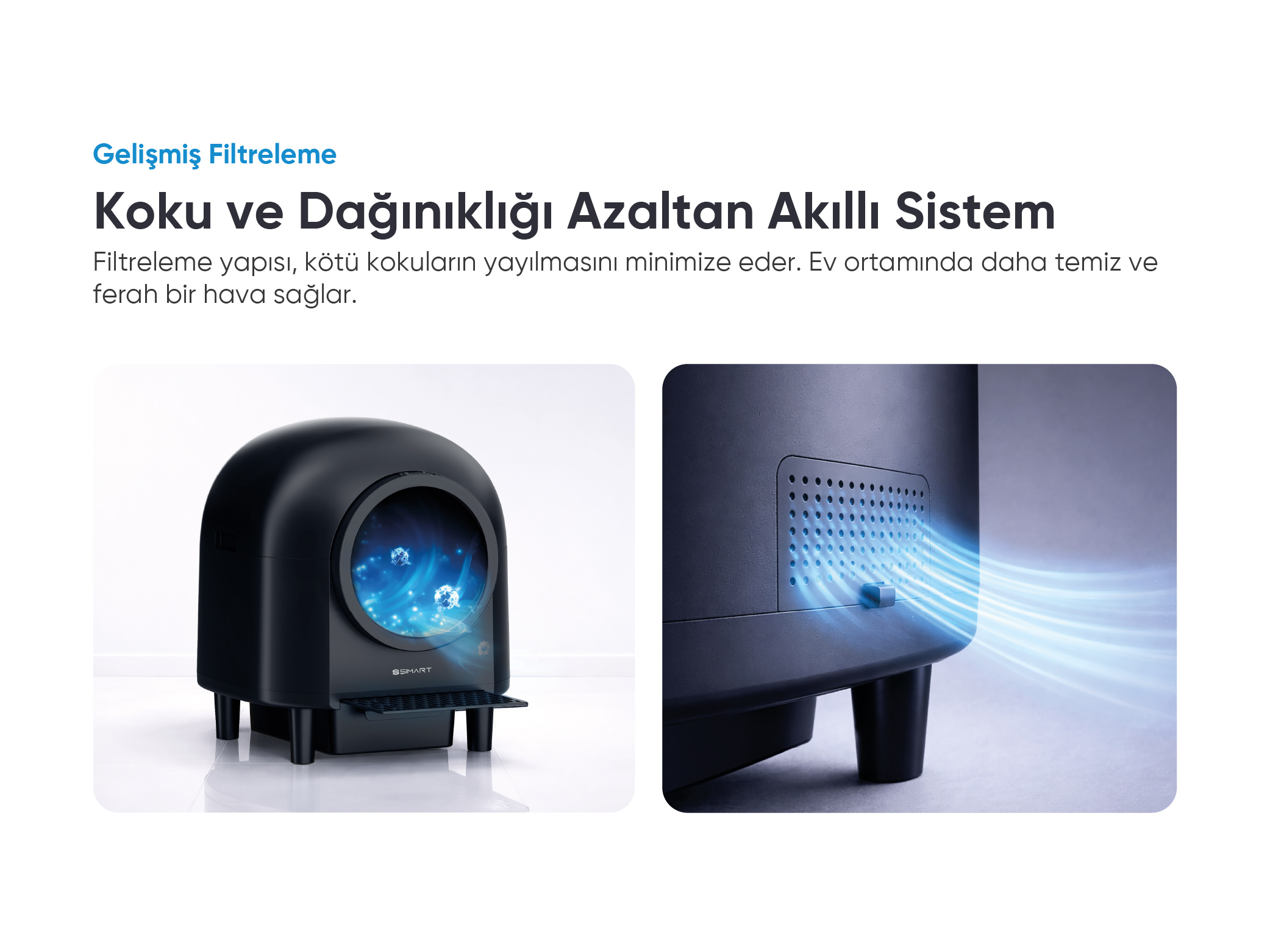 Havalandırma deliklerinden çıkan mavi hava akımlarına sahip siyah bir kedi kum kabı.