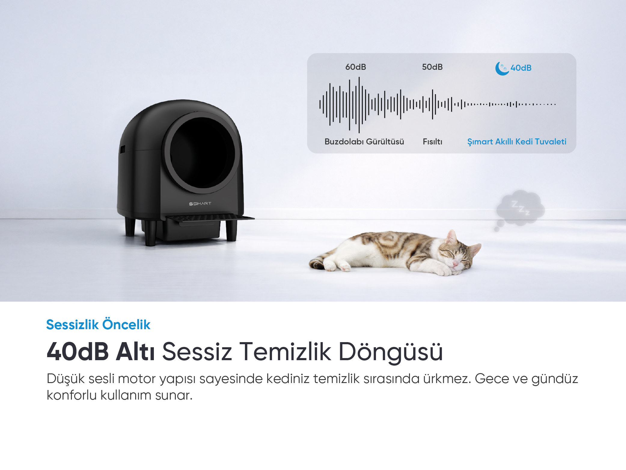 Siyah bir kedi tuvaleti ve ses seviyesi grafiğinin yanında uyuyan bir kedi.