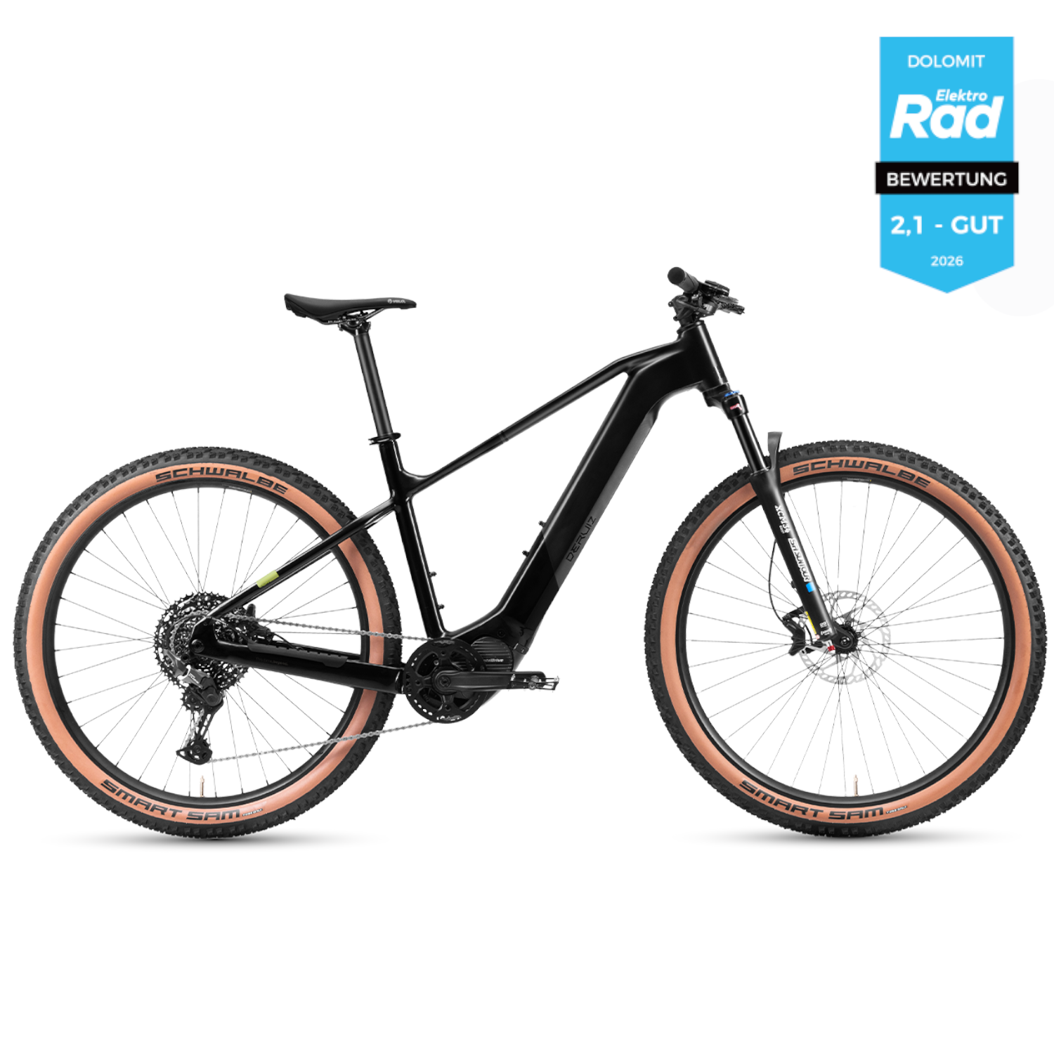 Schwarzes E-Mountainbike mit braunen Reifen, vorne und hinten Federung.