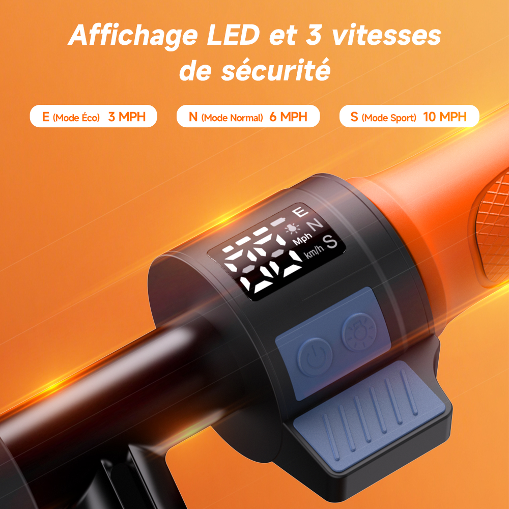 Elektroroller-Griff mit LED-Anzeige, die 3 Geschwindigkeitsmodi zeigt.