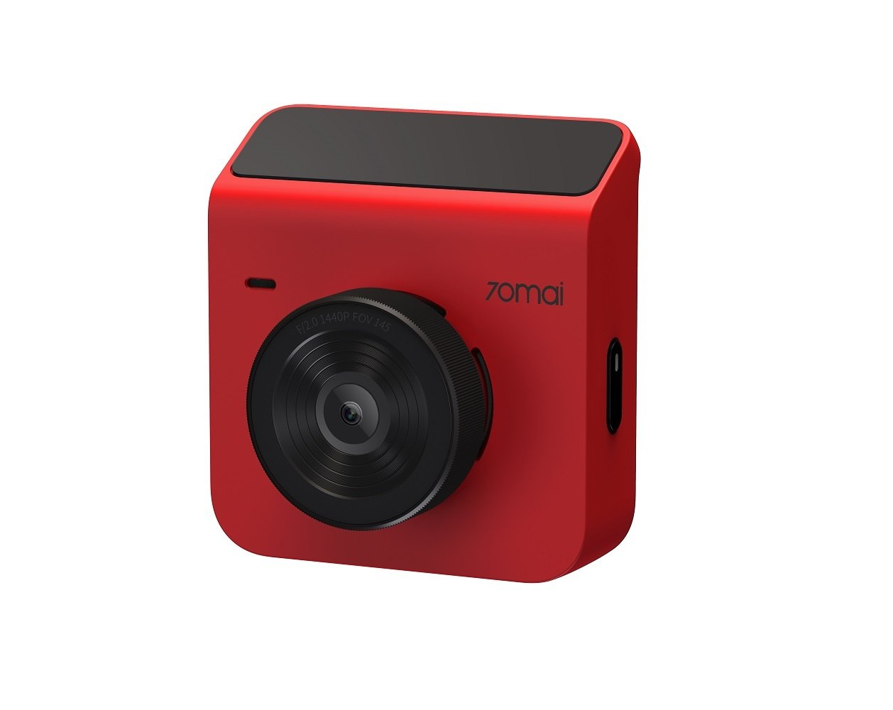 Dashcam 70mai rossa con obiettivo e parte superiore neri.
