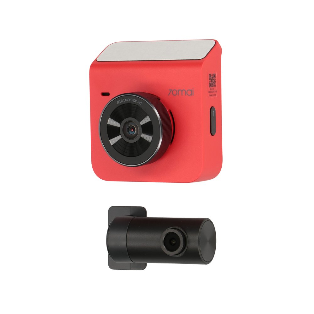 Una dashcam rossa con obiettivo nero e una telecamera nera più piccola sotto.