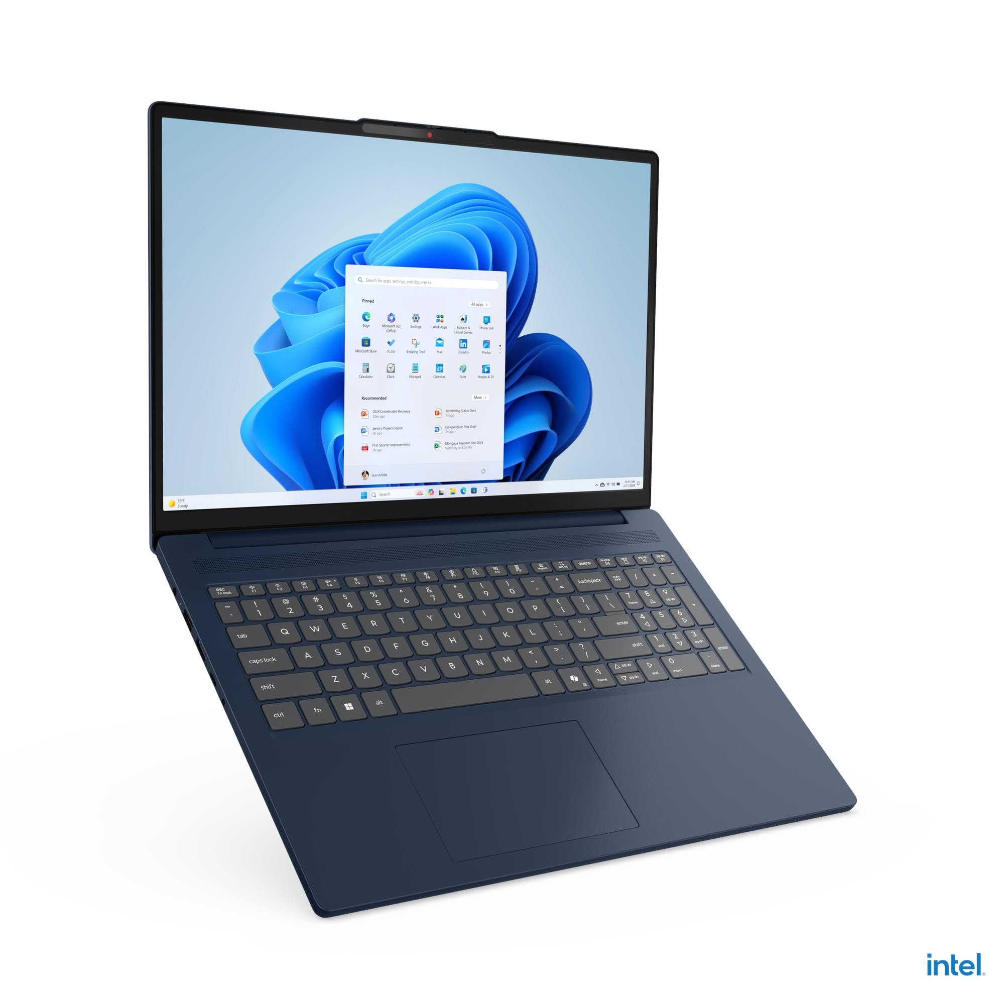 Windows 11 başlangıç menüsünü gösteren ekranı açık, koyu mavi bir dizüstü bilgisayar.