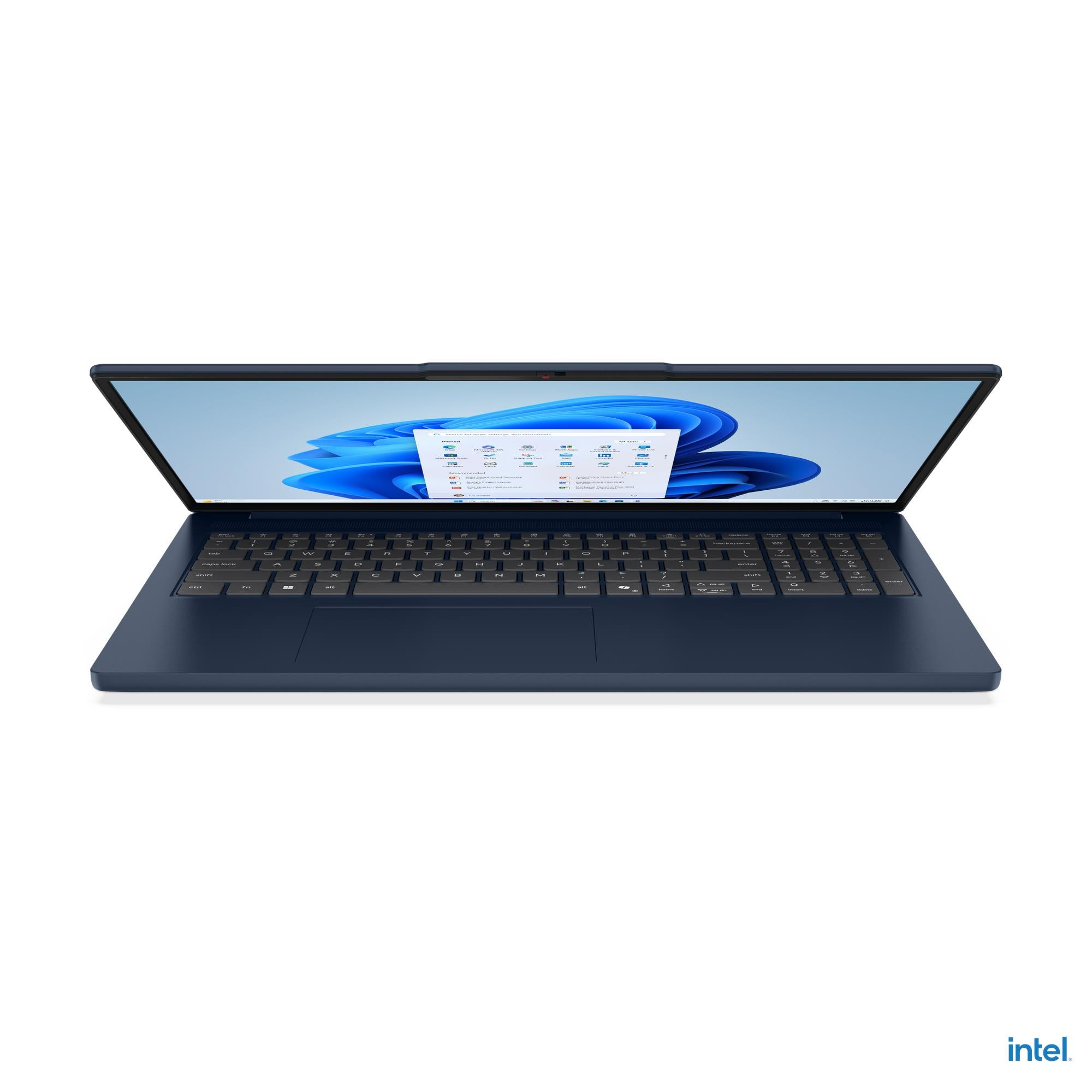 Windows 11 Başlat menüsünü gösteren açık ekranlı koyu mavi bir dizüstü bilgisayar.