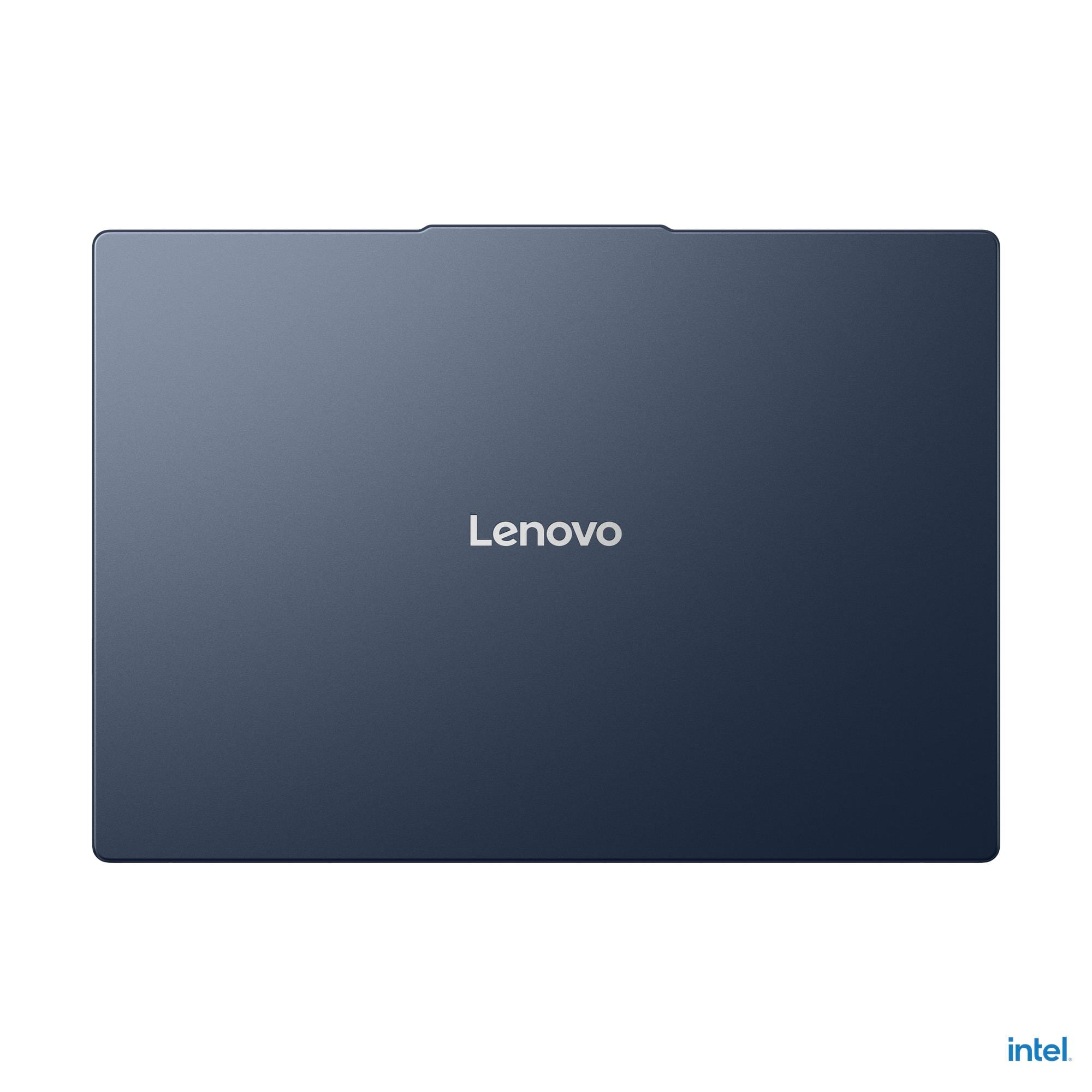 Intel logolu kapalı lacivert Lenovo dizüstü bilgisayar.