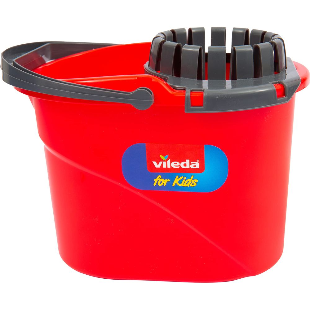 Un cubo rojo Vileda para niños con asa y escurridor grises.