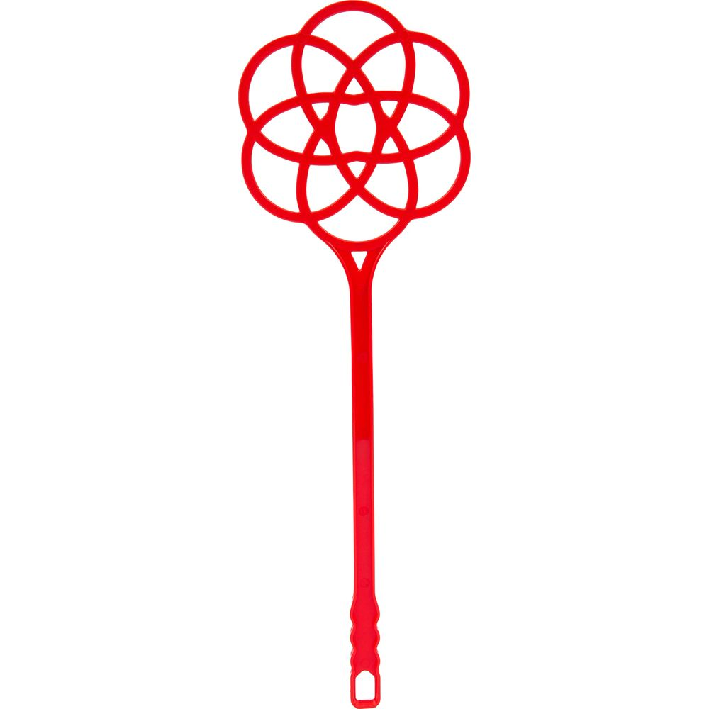 Un matamoscas rojo con cabeza redonda en forma de flor y mango largo.