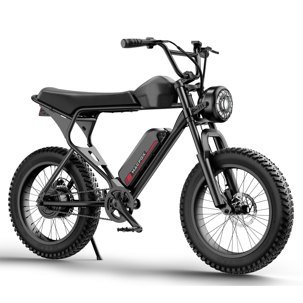 Schwarzes E-Fatbike im Retro-Design mit runden Scheinwerfern und auffälligem Akku.