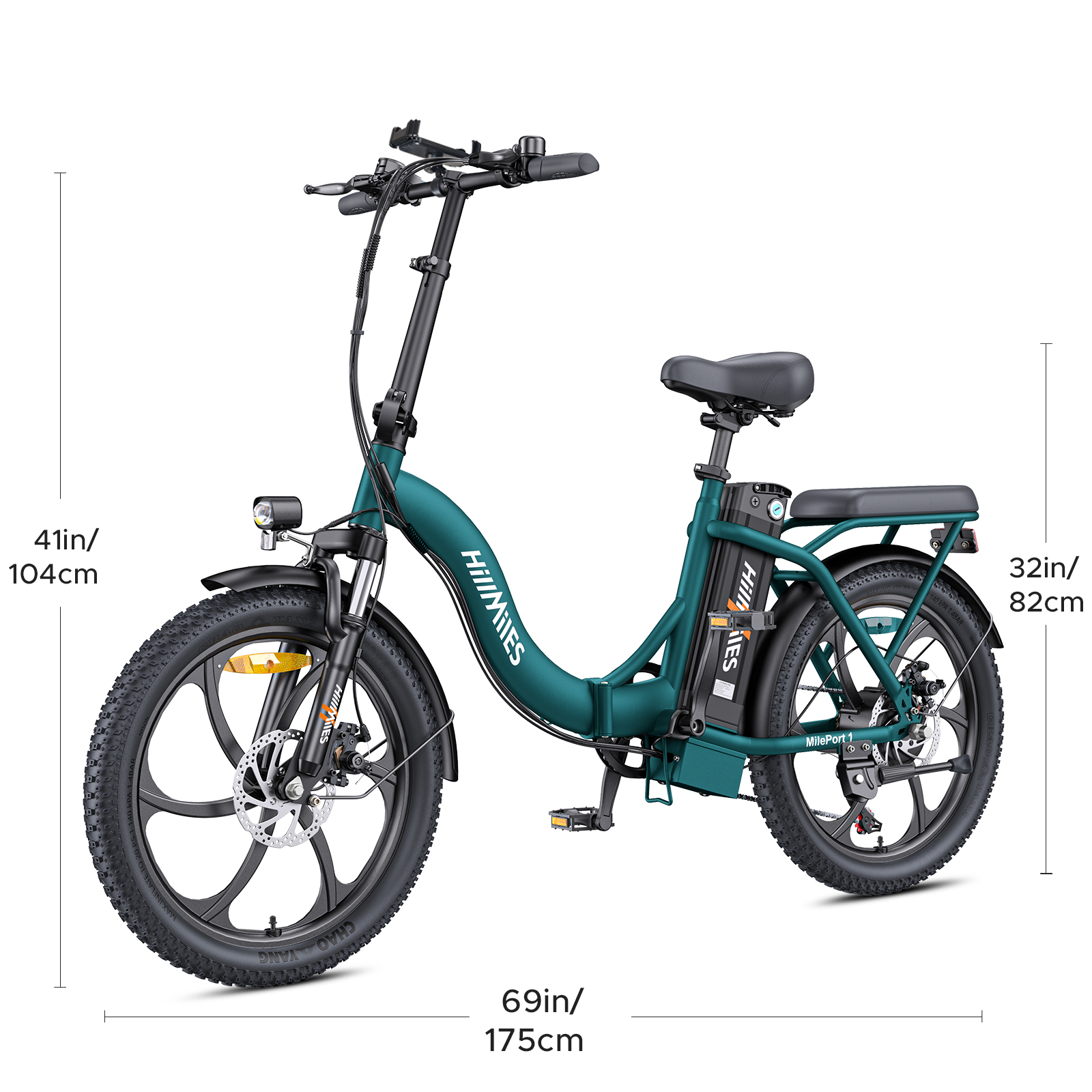 Una bici elettrica color turchese con pneumatici larghi e sospensioni. Dimensioni indicate.