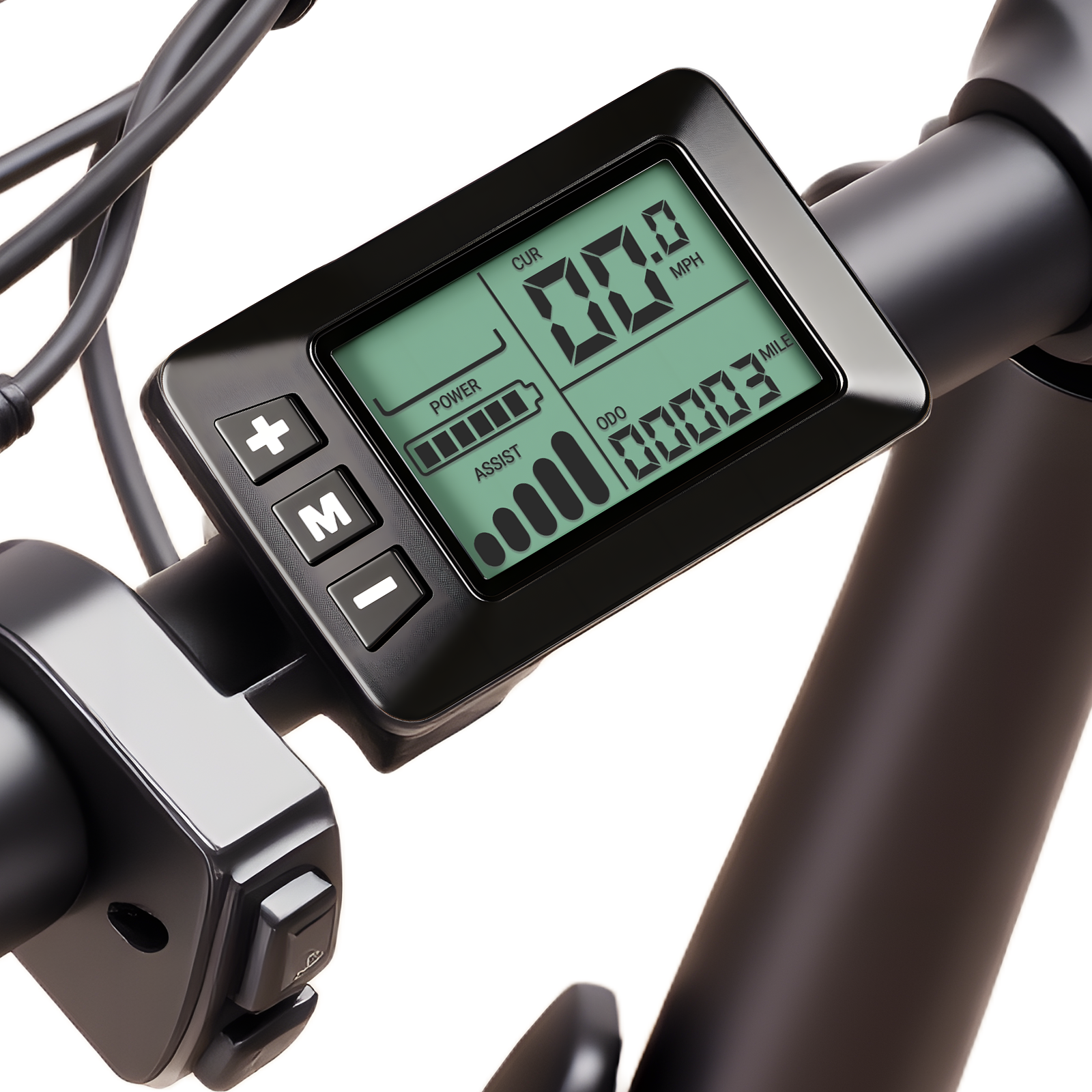 E-Bike-Display zeigt Geschwindigkeit 0.0 MPH, Leistung und 00003 Meilen ODO.