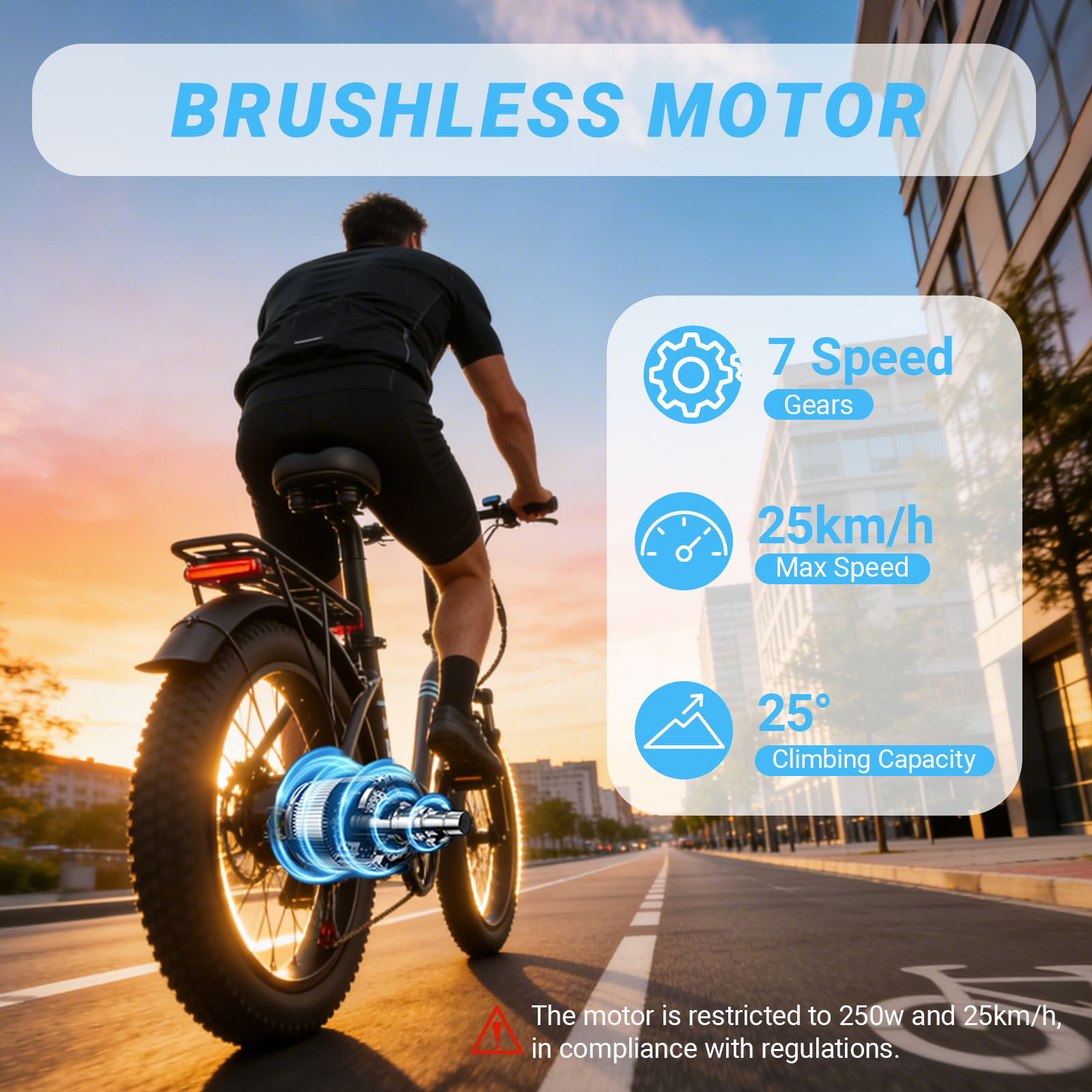 Mann fährt E-Bike mit Bürstenlosmotor, 7 Gänge, 25 km/h, 25° Steigung.