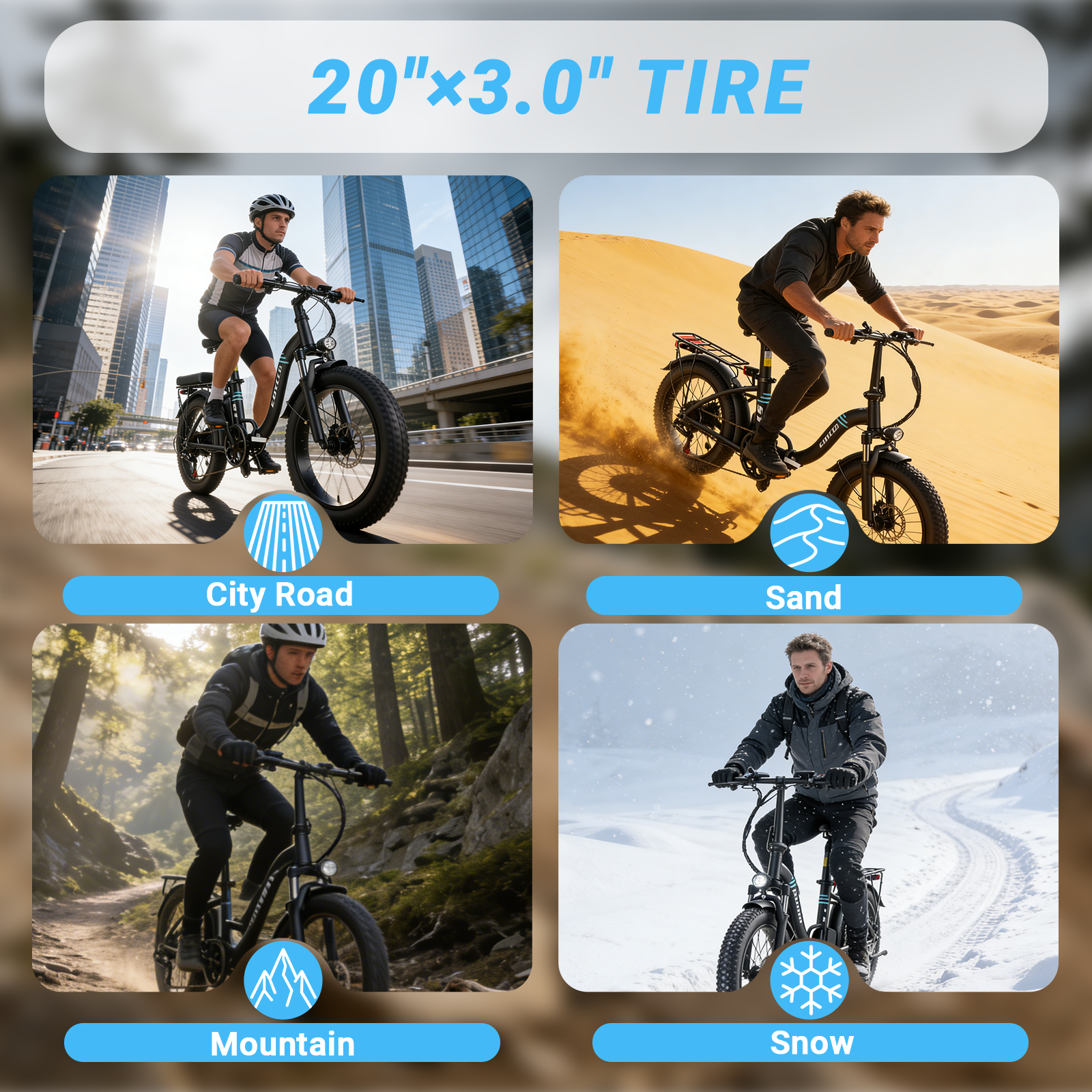 Ein Mann fährt ein E-Bike in der Stadt, in der Wüste, im Gebirge und im Schnee.
