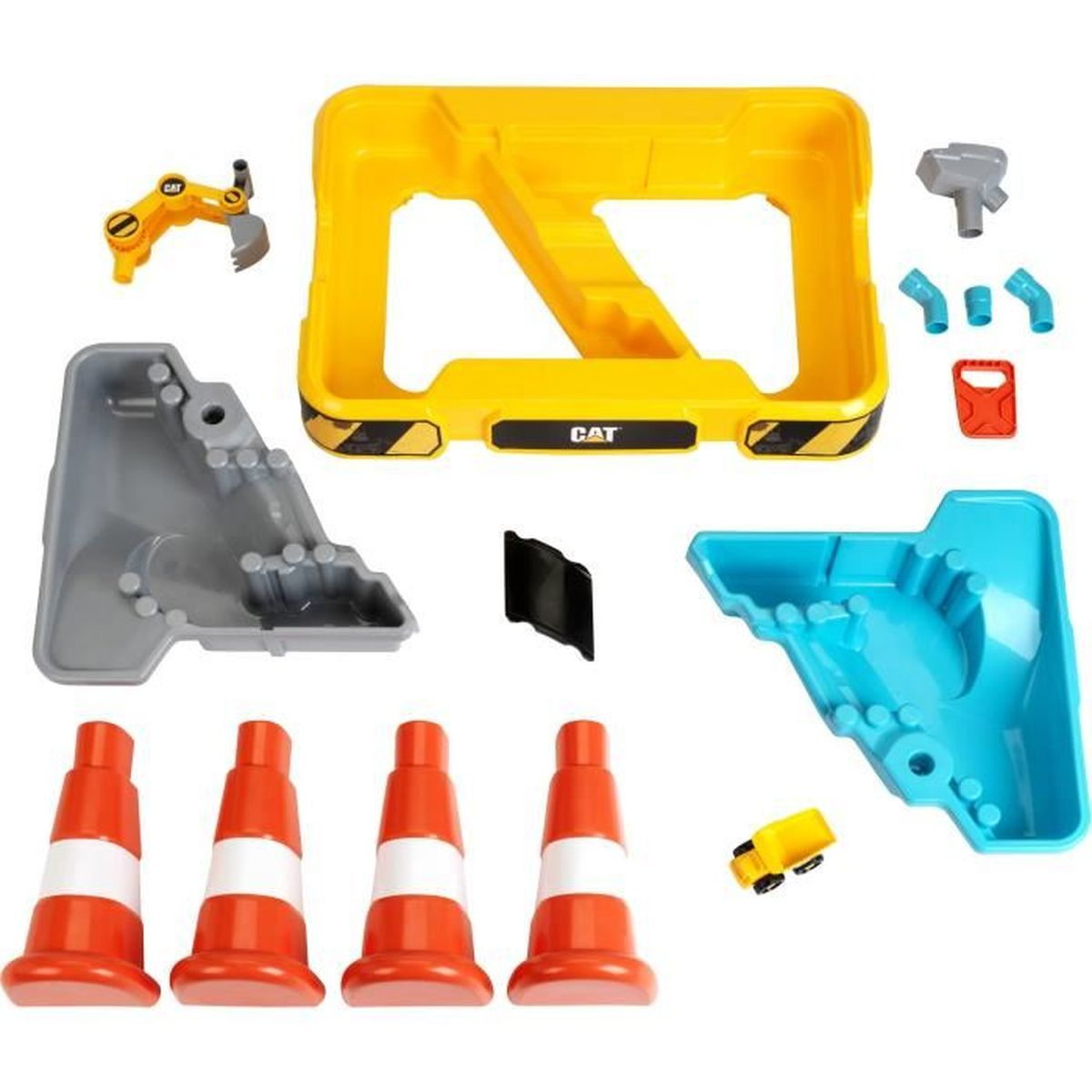 Set di giocattoli da costruzione con telaio giallo, rampa blu e coni arancioni.