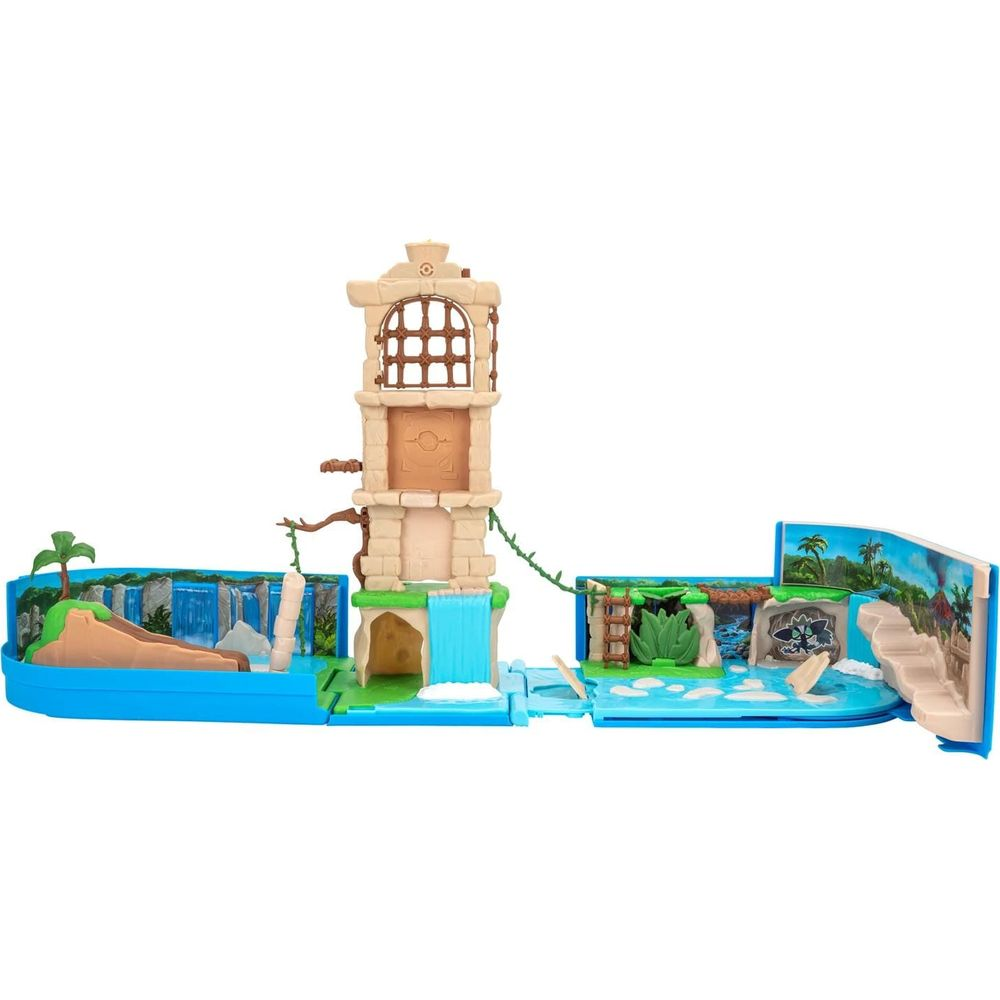 Ein Spielzeug-Abenteuer-Set mit Turm, Rutsche, Wasserfall und Dschungel.
