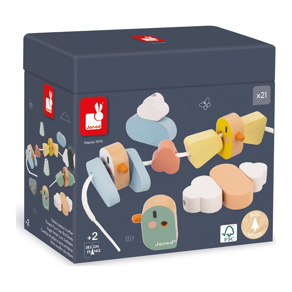 Gioco Janod con perle di legno a forma di uccello.