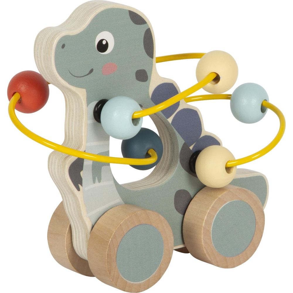 Jeu de dinosaure en bois avec des perles colorées sur des fils jaunes et des roues.