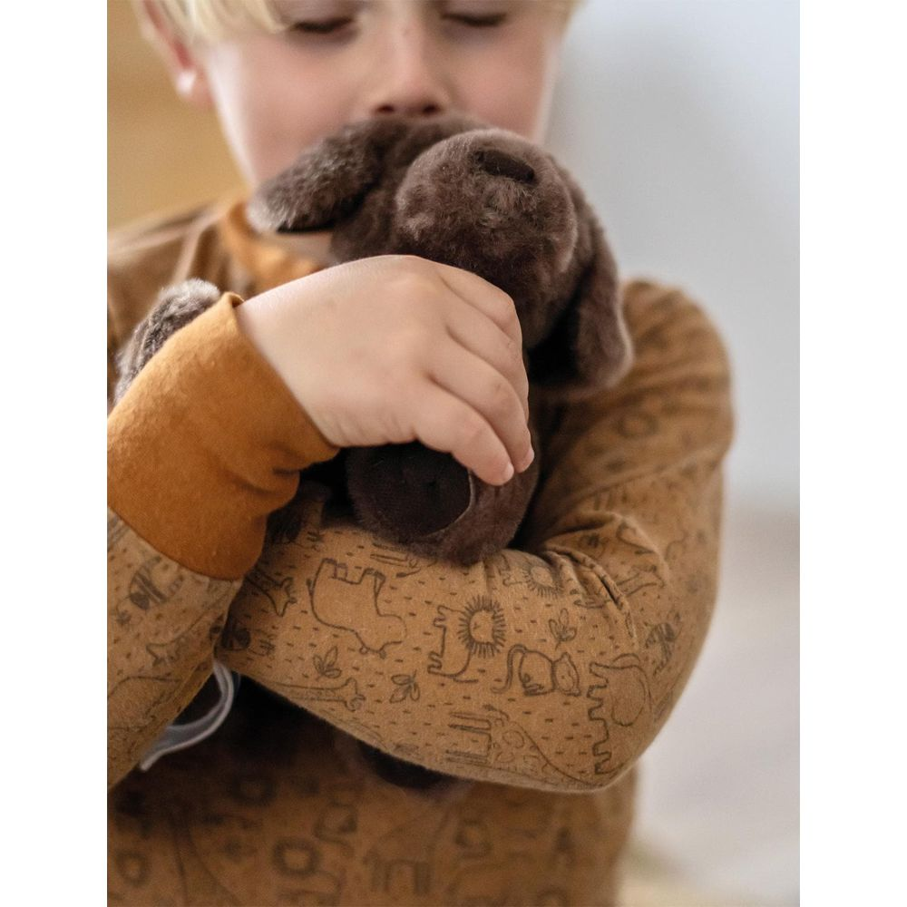Un enfant serre un chien en peluche marron. L'enfant porte une chemise marron à imprimé animalier.