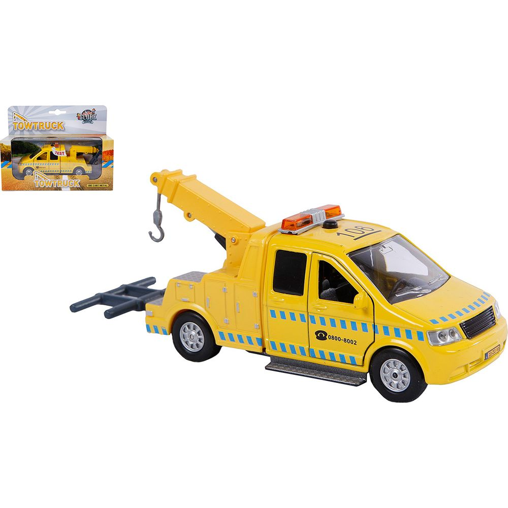 Ein gelber Spielzeug-Abschleppwagen mit einem Kran und Warnleuchten.