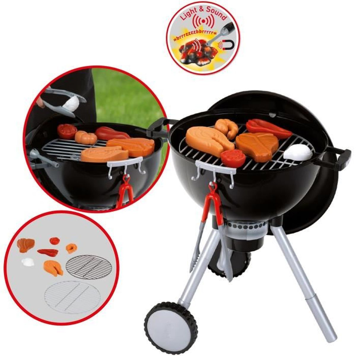 Ein Spielzeuggrill mit Fleisch- und Gemüsespielzeug, Grillschere und Zubehör.