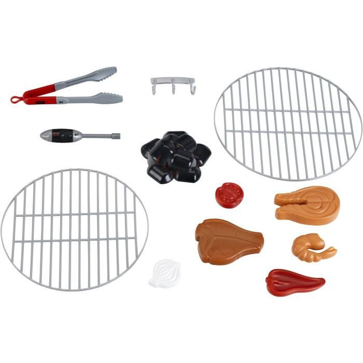 Spielzeug-Grillzubehör: Zange, Thermometer, Kohle, Roste, Steak, Garnelen, Tomate, Paprika, Zwiebel.