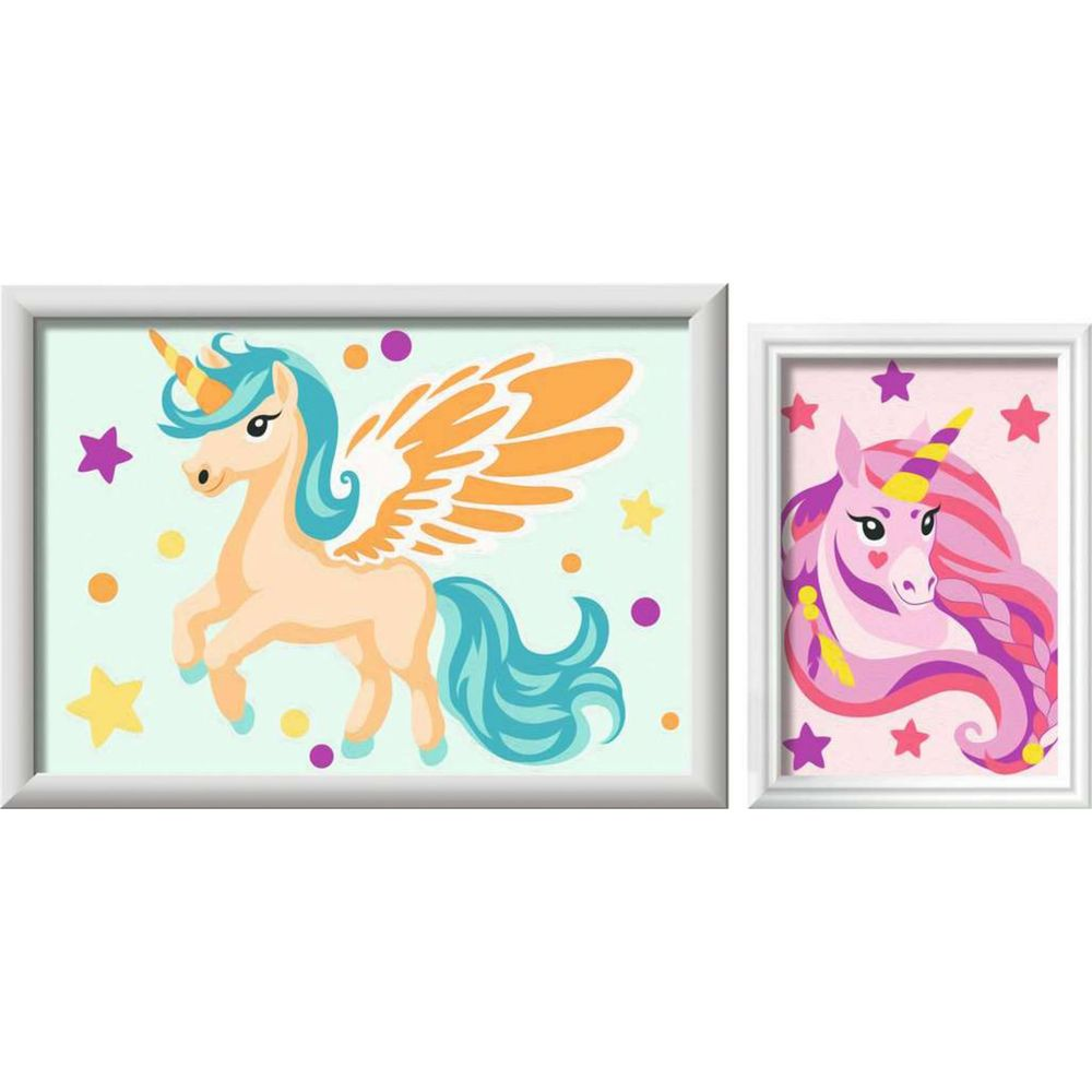 Due quadri incorniciati: un unicorno alato con ali arancioni, coda e criniera blu su sfondo verde chiaro.
